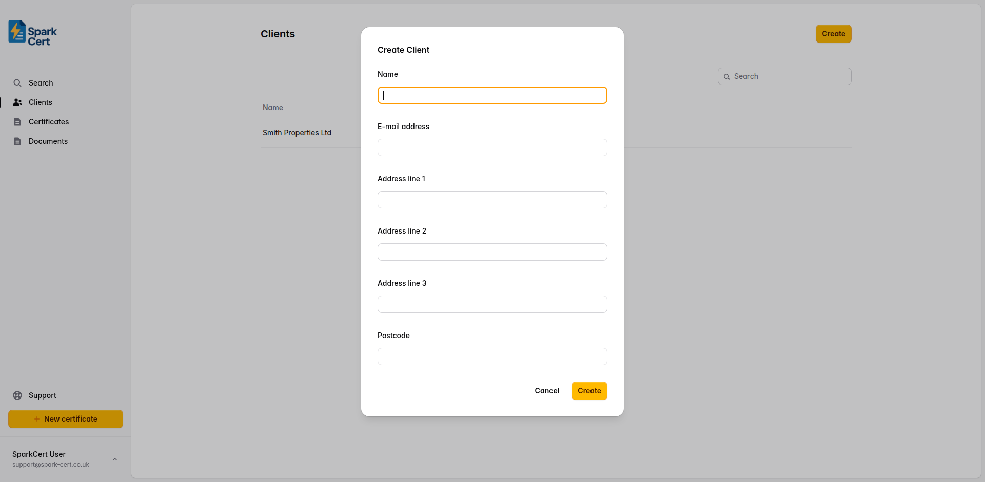 The create client form showing name and email fields