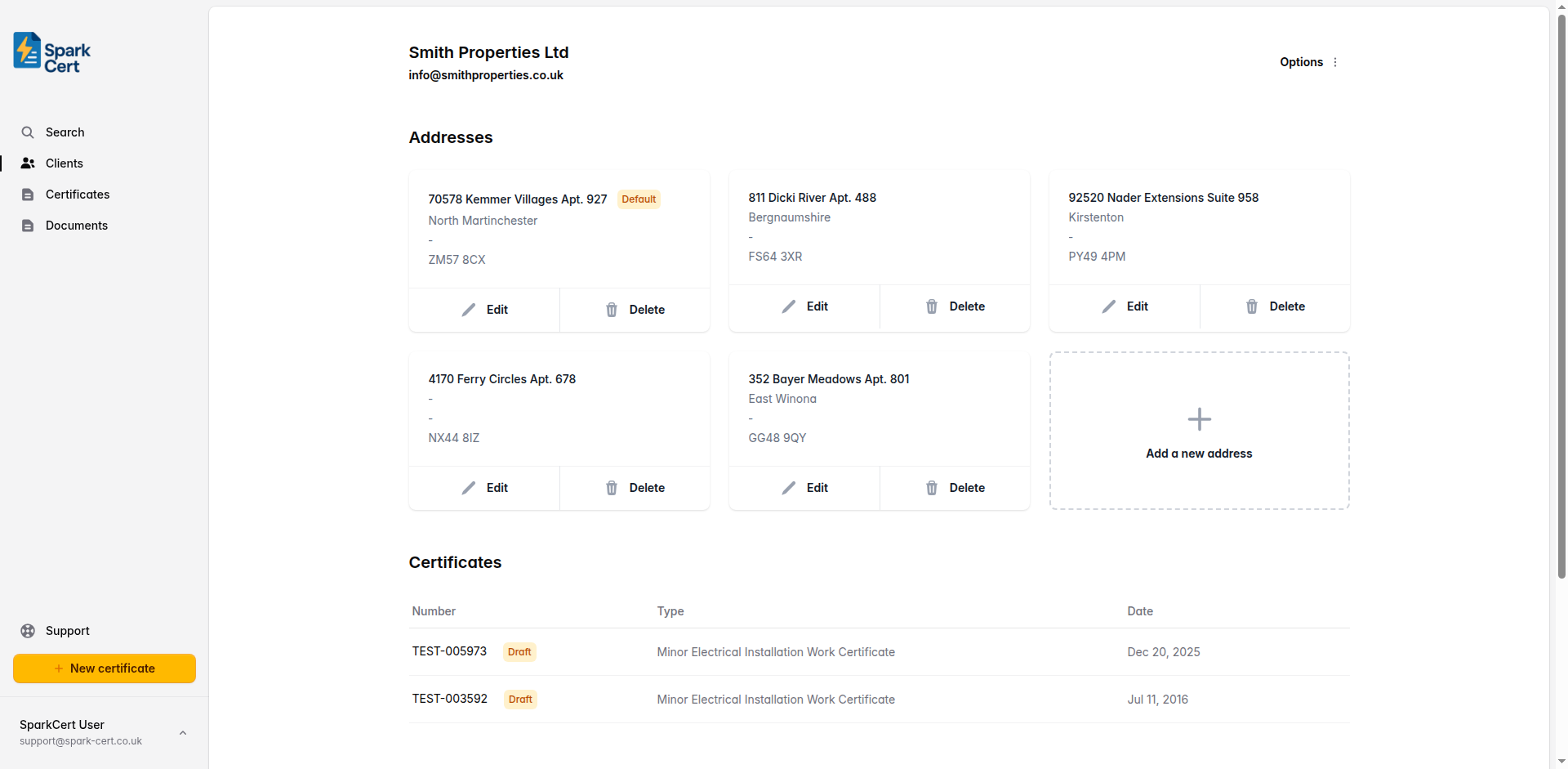 A client detail page showing linked certificates and documents