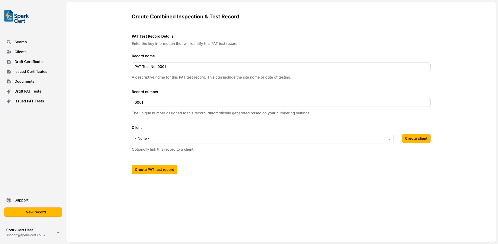 Create PAT test record form showing name, number and client fields