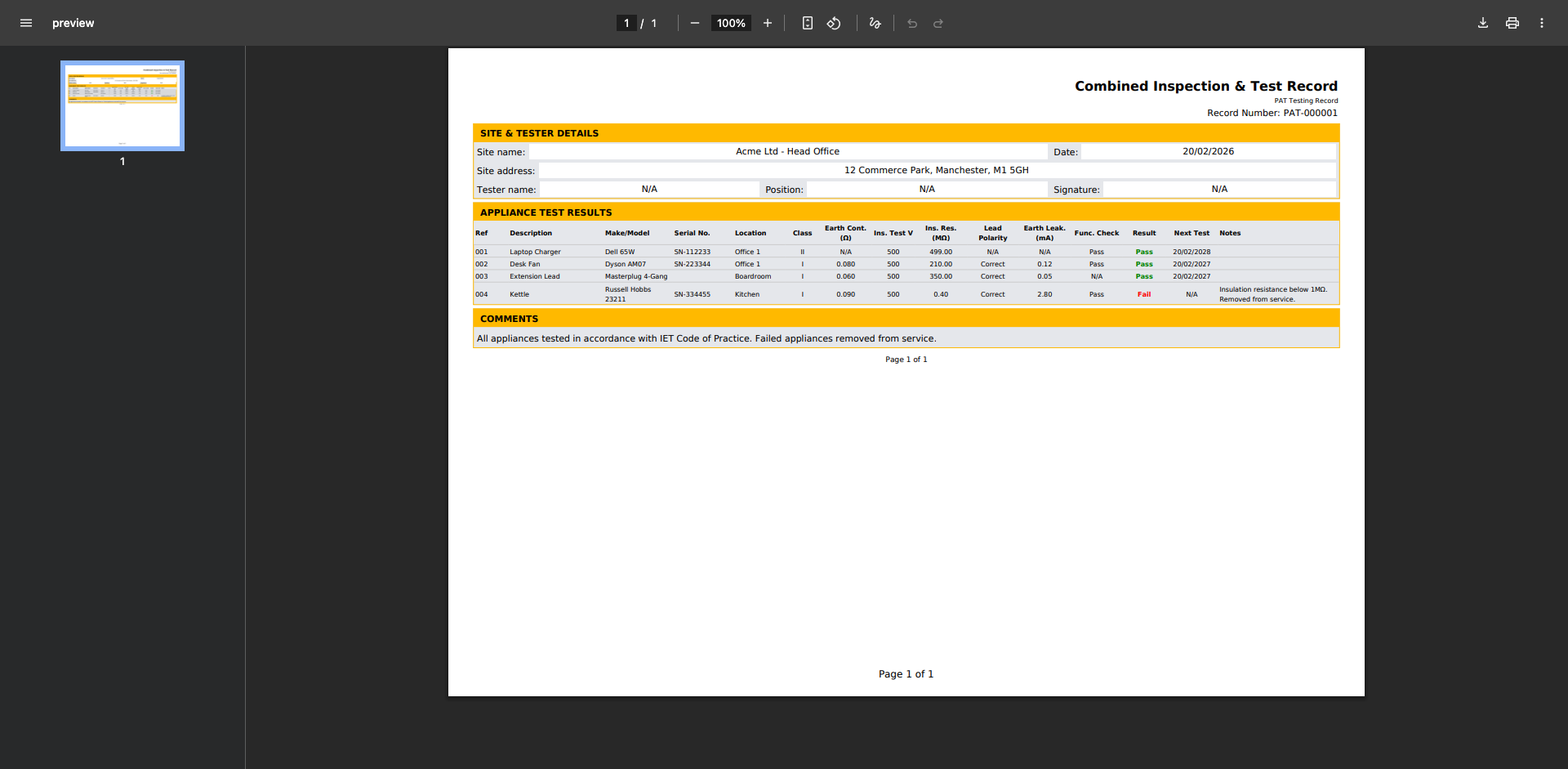 Issued PAT Test Record PDF preview