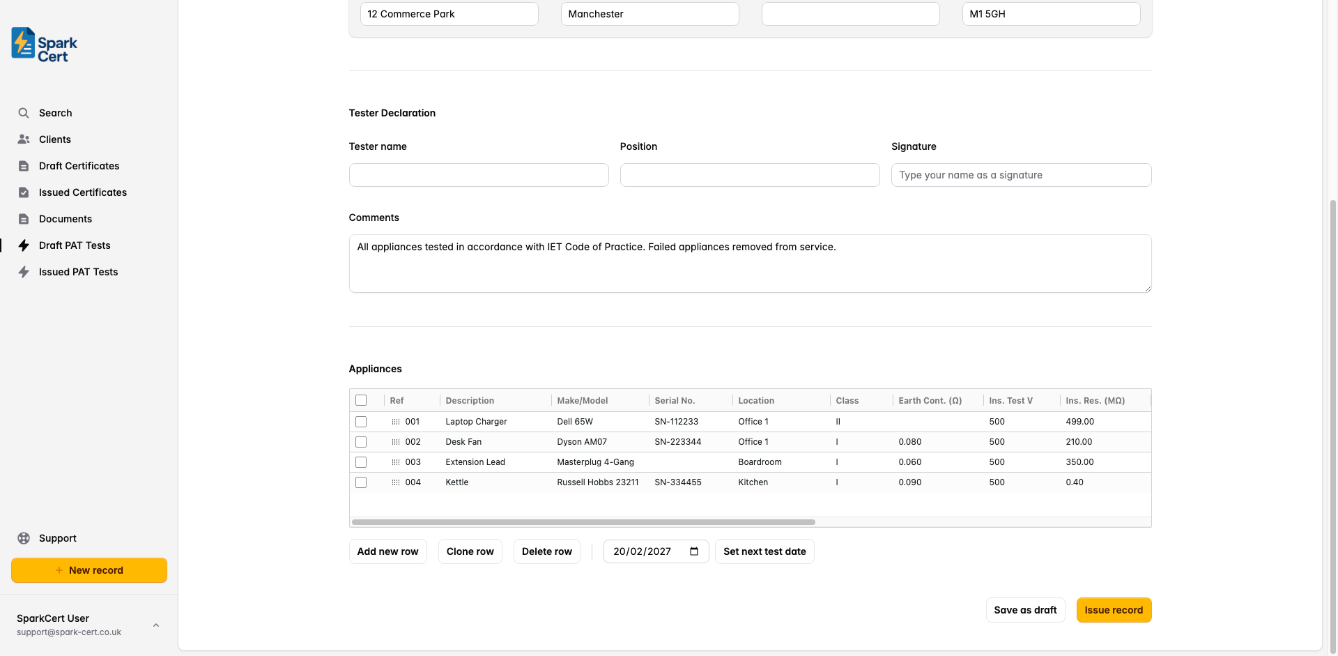 Tester declaration section showing name, position, date and signature fields