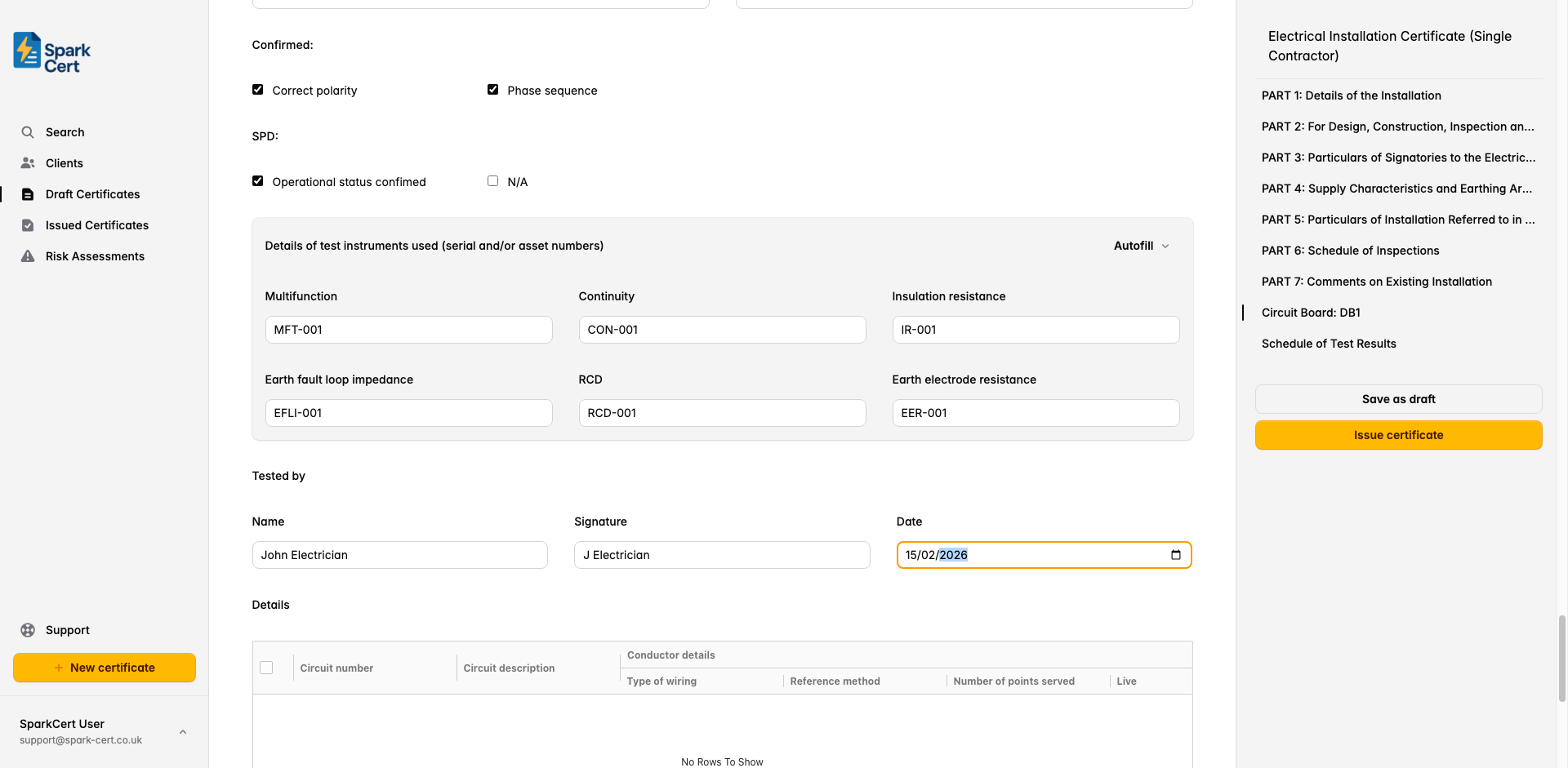 Distribution board form showing board details, OCPD, test instruments, and circuit table