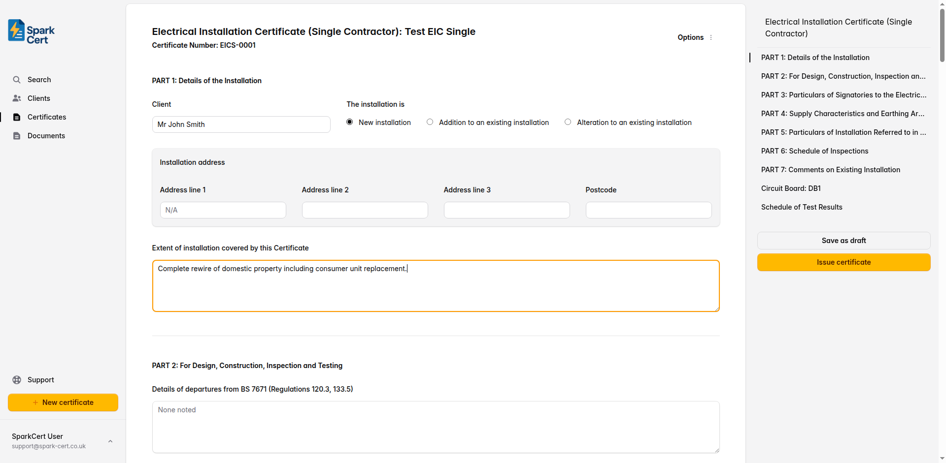 Part 1 of the EIC (Single Contractor) covering installation details, type of work, and address