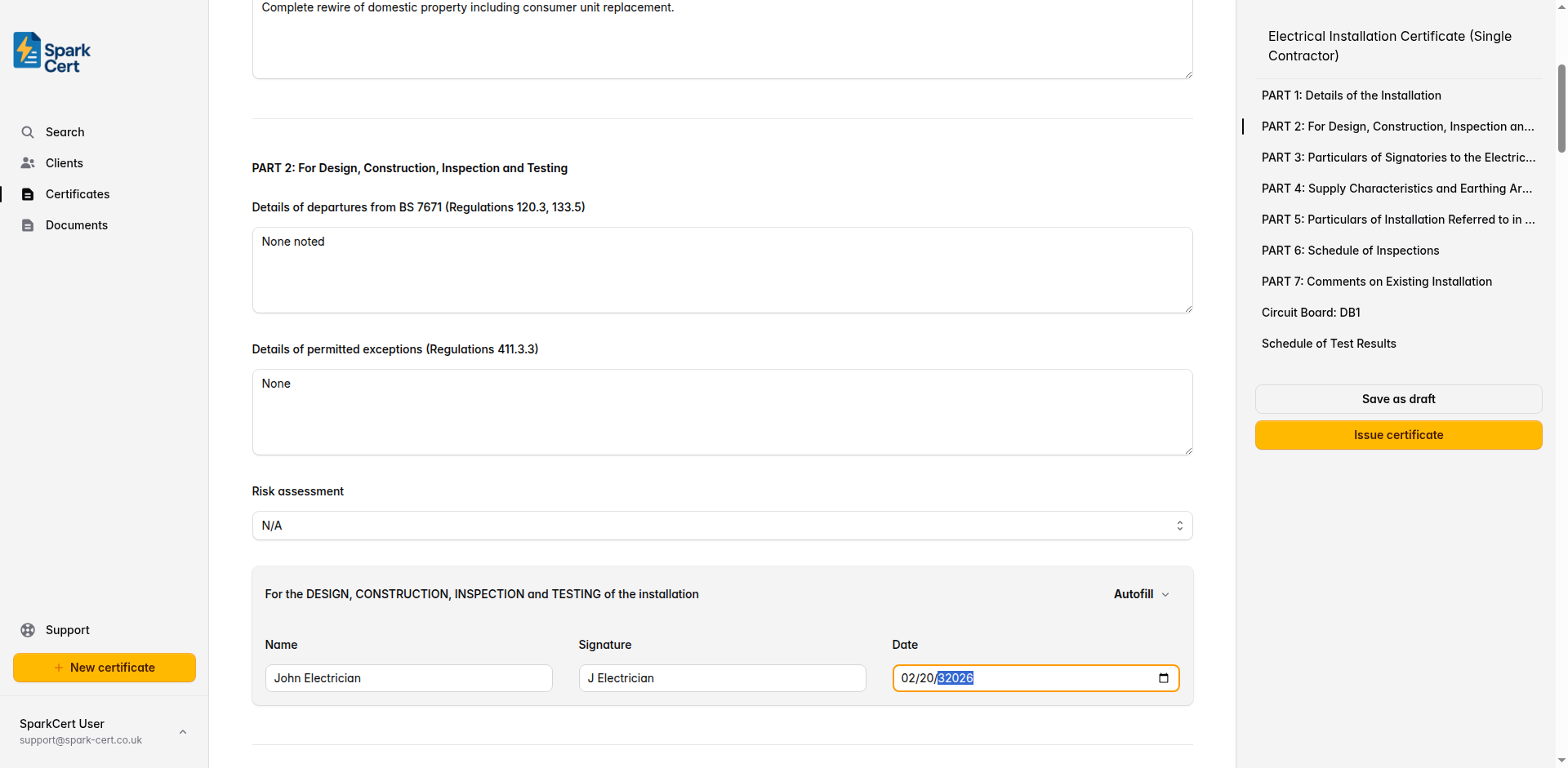 Part 2 of the EIC (Single Contractor) covering departures, exceptions, and single contractor signature