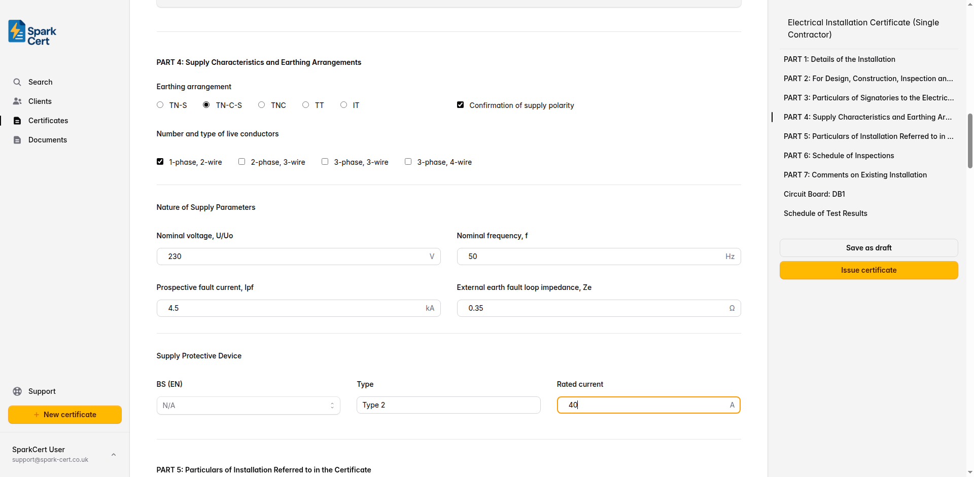 Part 4 of the EIC (Single Contractor) covering earthing arrangement, supply type, and protective device details