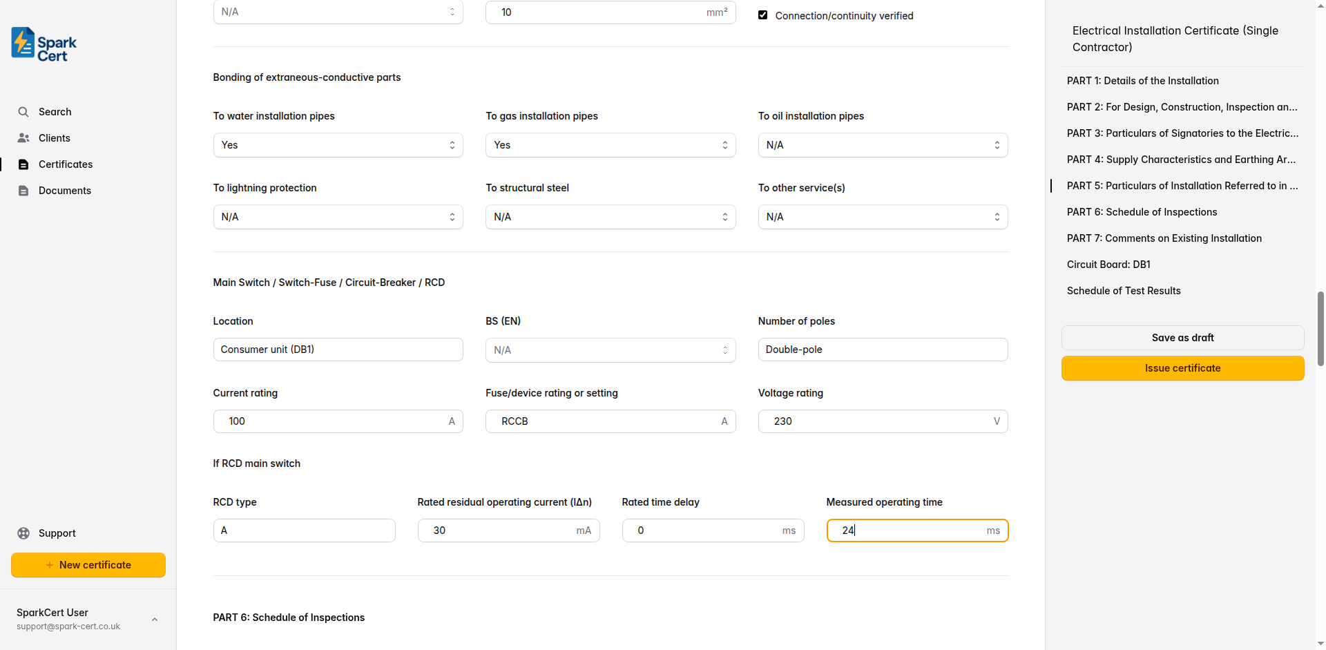 Part 5 of the EIC (Single Contractor) covering earthing method, conductors, bonding, and main switch details