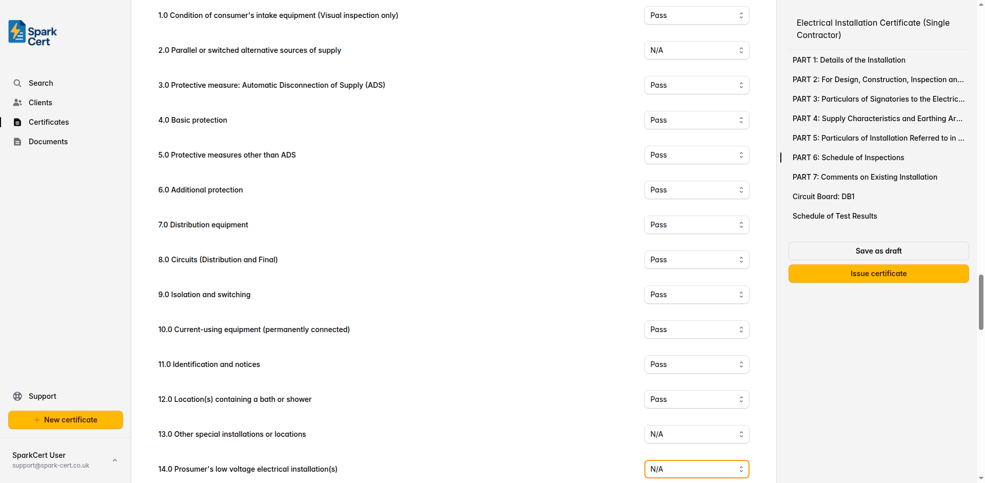 Part 6 of the EIC (Single Contractor) showing the schedule of inspections checklist