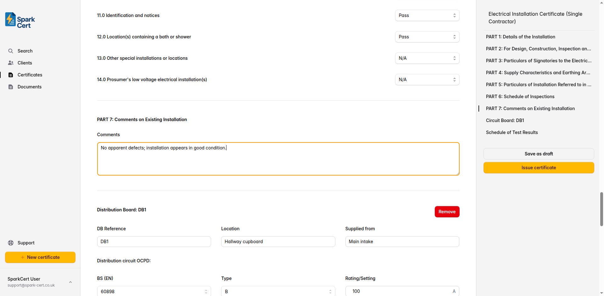 Part 7 of the EIC (Single Contractor) showing the comments text area