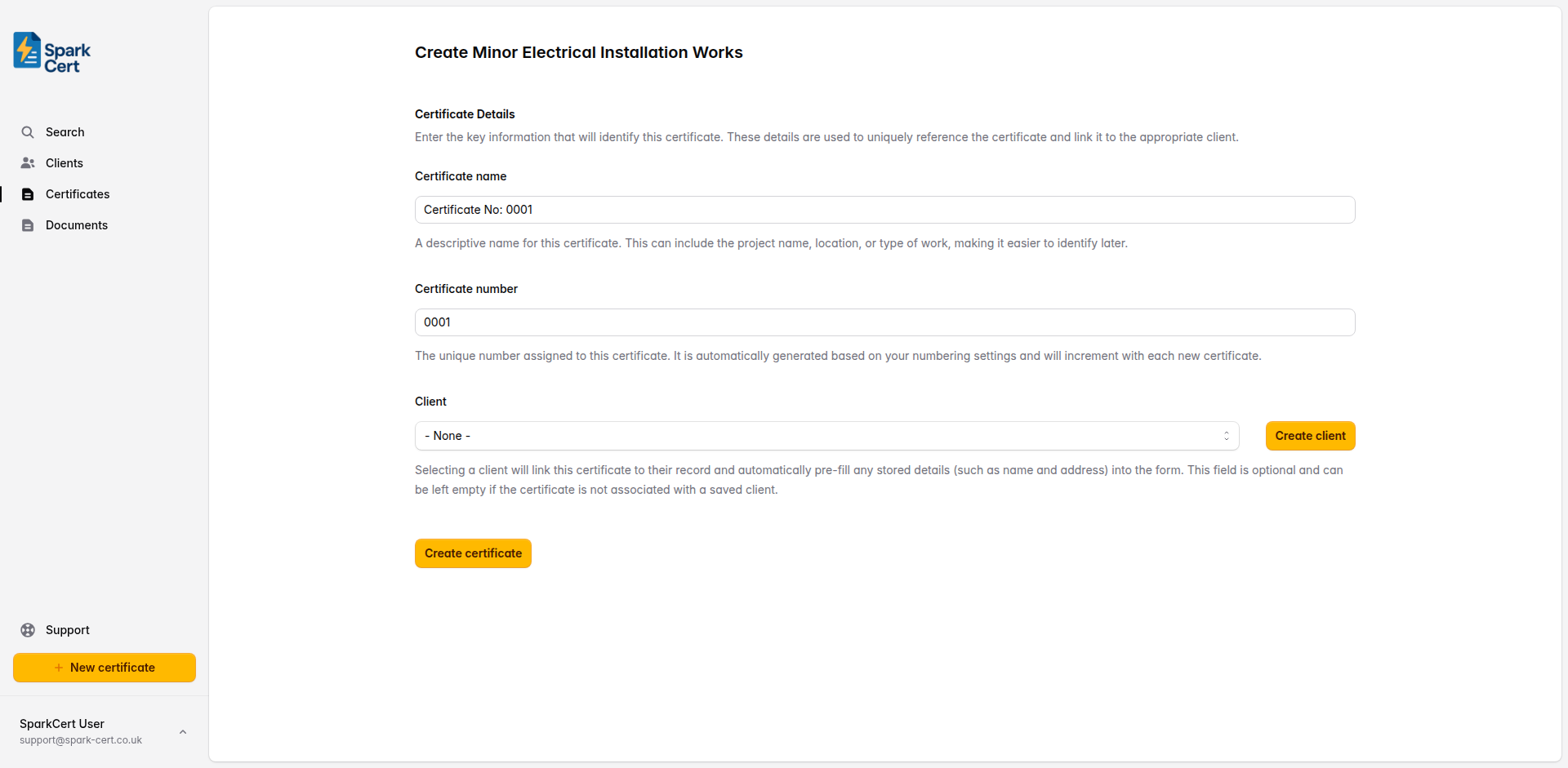 Create certificate form with name, number, and client fields