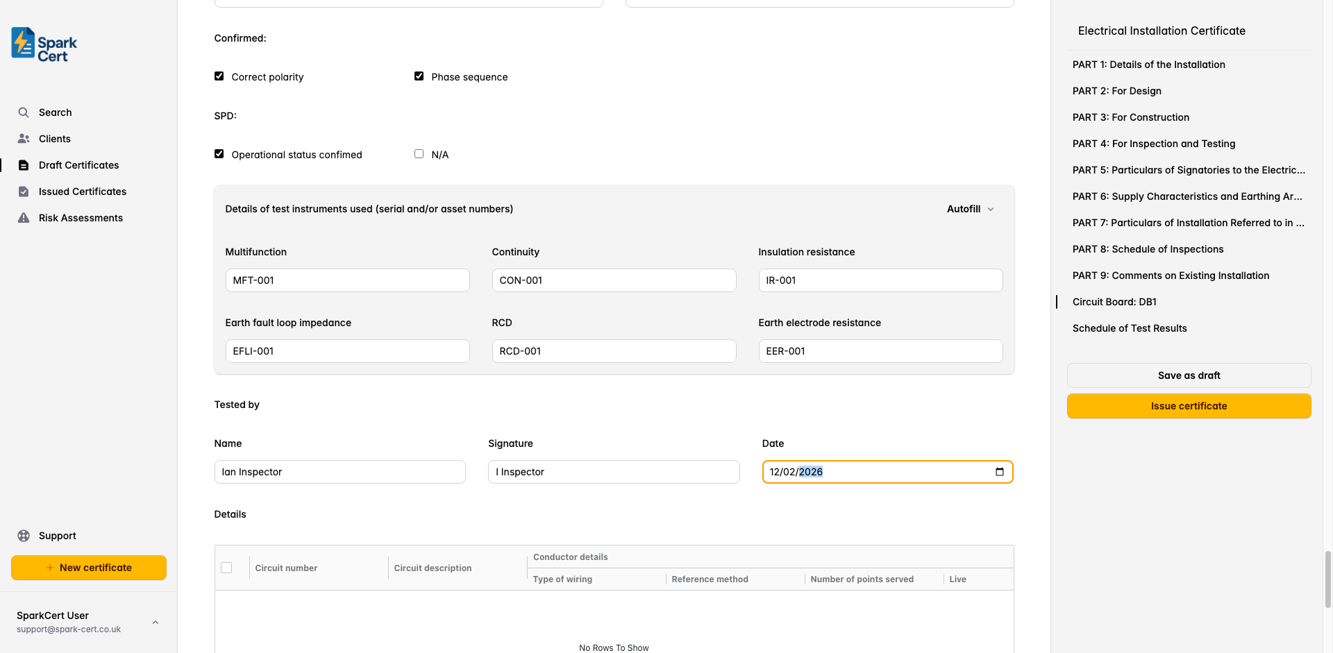 Distribution board form showing board details, OCPD, test instruments, and circuit table