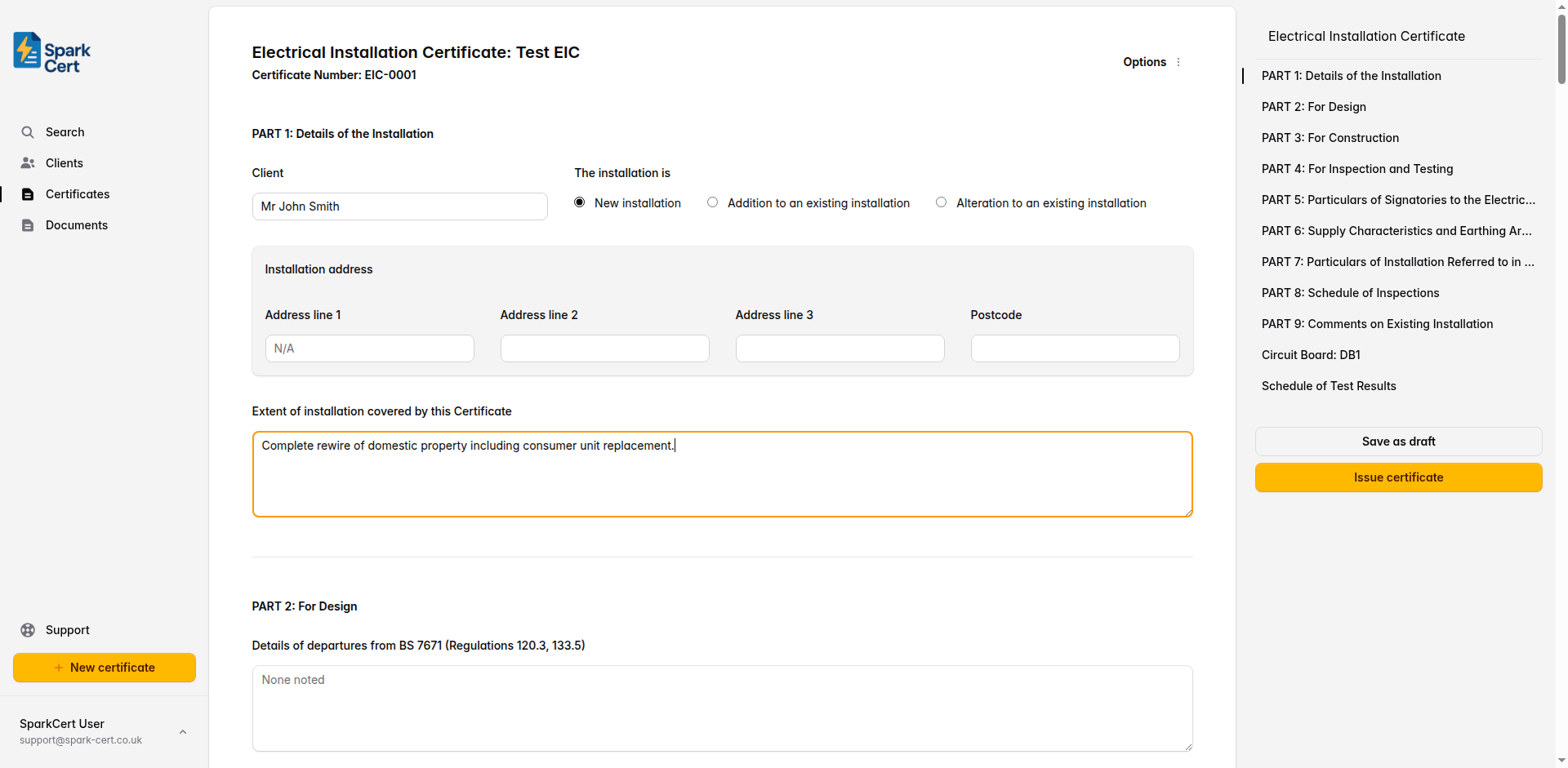 Part 1 of the EIC covering installation details, type of work, and address