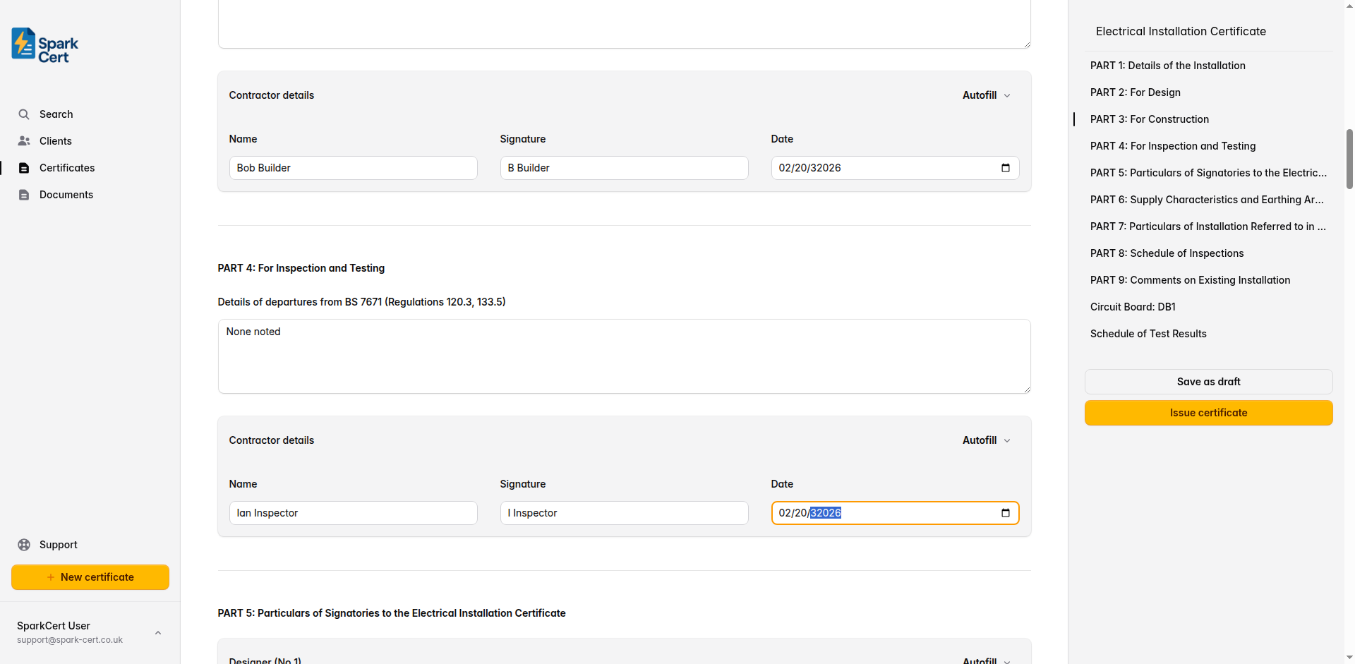 Part 4 of the EIC covering inspection departures and inspector signature