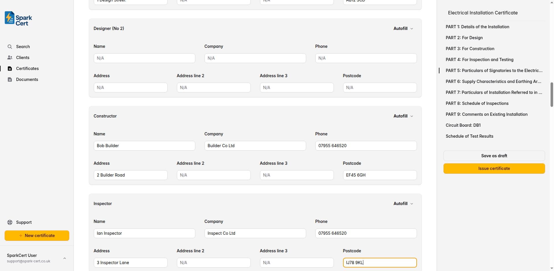 Part 5 of the EIC showing signatory contact details for designer, constructor, and inspector
