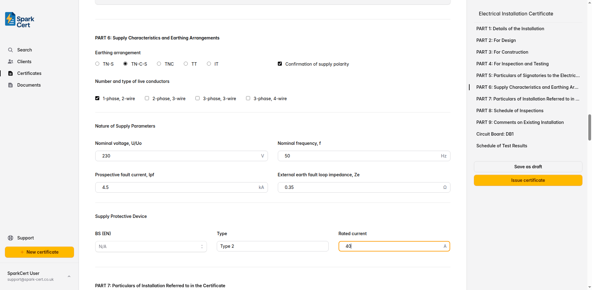 Part 6 of the EIC covering earthing arrangement, supply type, and protective device details
