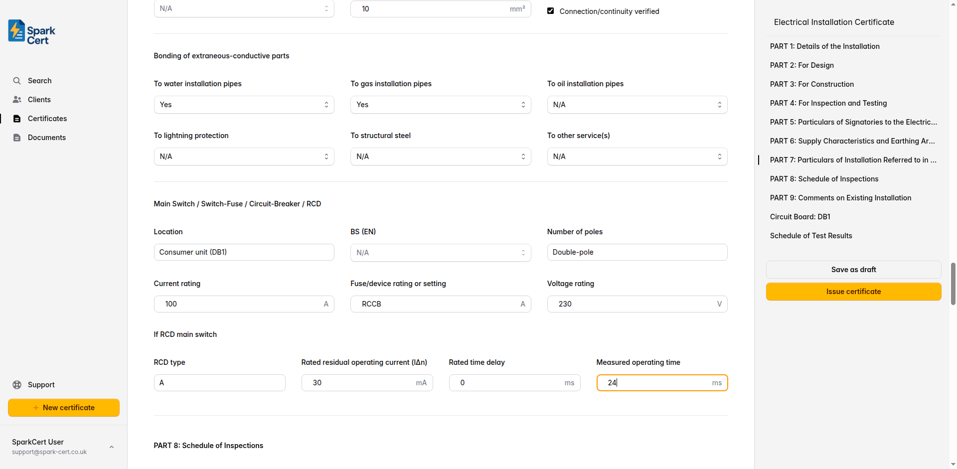 Part 7 of the EIC covering earthing method, conductors, bonding, and main switch details