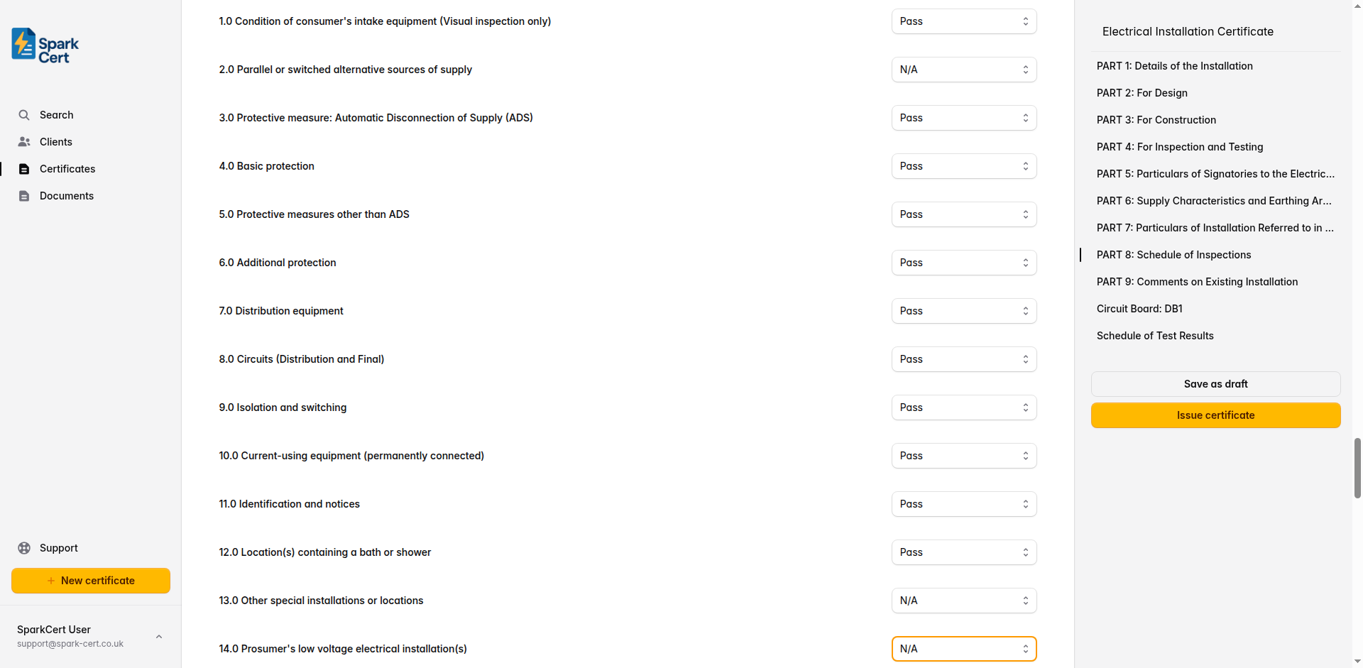 Part 8 of the EIC showing the schedule of inspections checklist