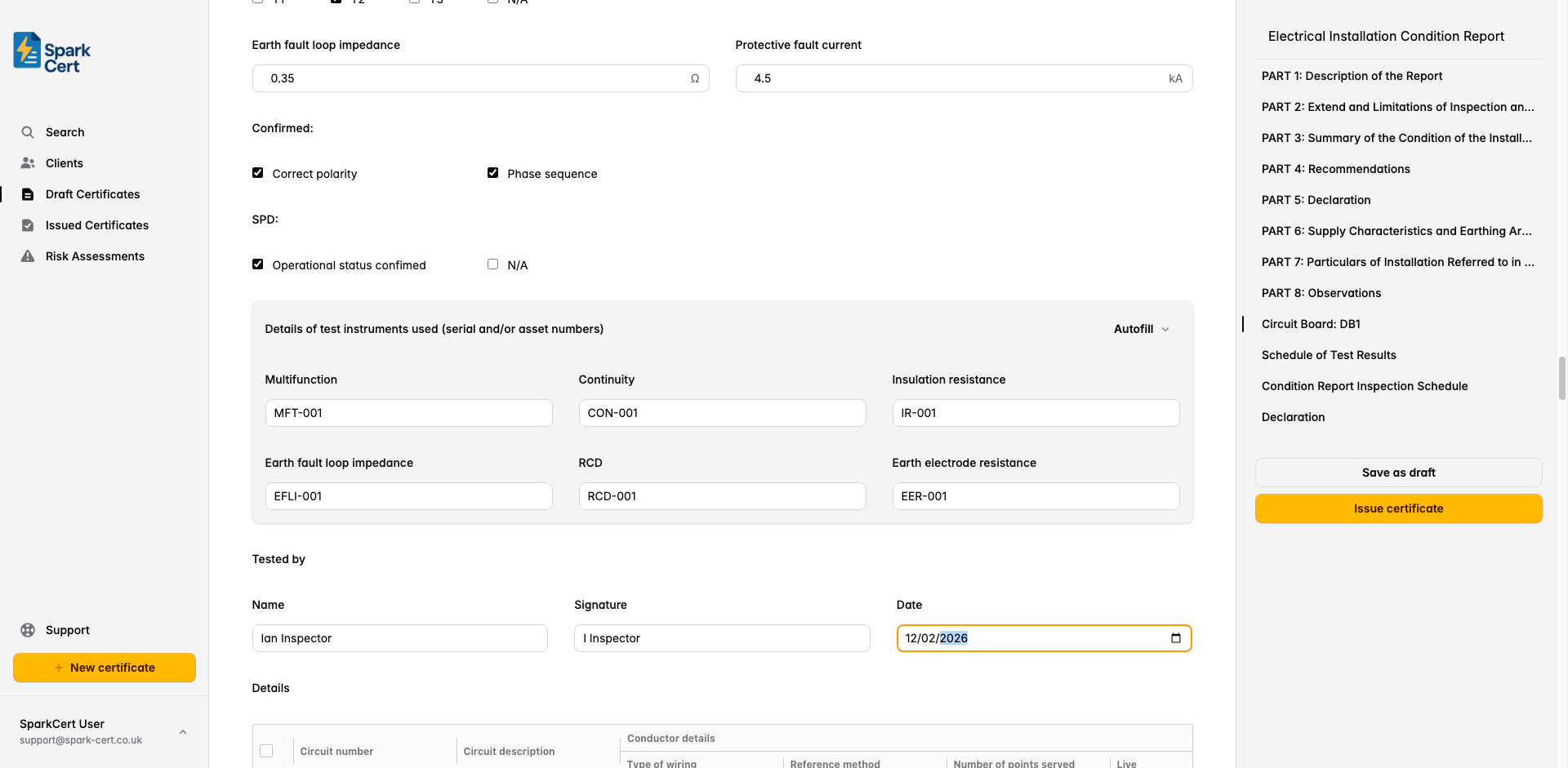 Distribution board form showing board details, OCPD, test instruments, and circuit table