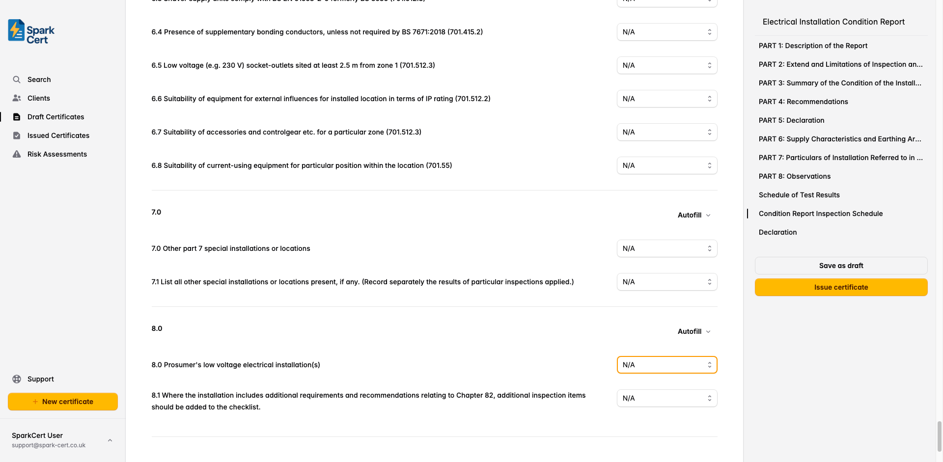 Condition Report Inspection Schedule showing the checklist of inspection items