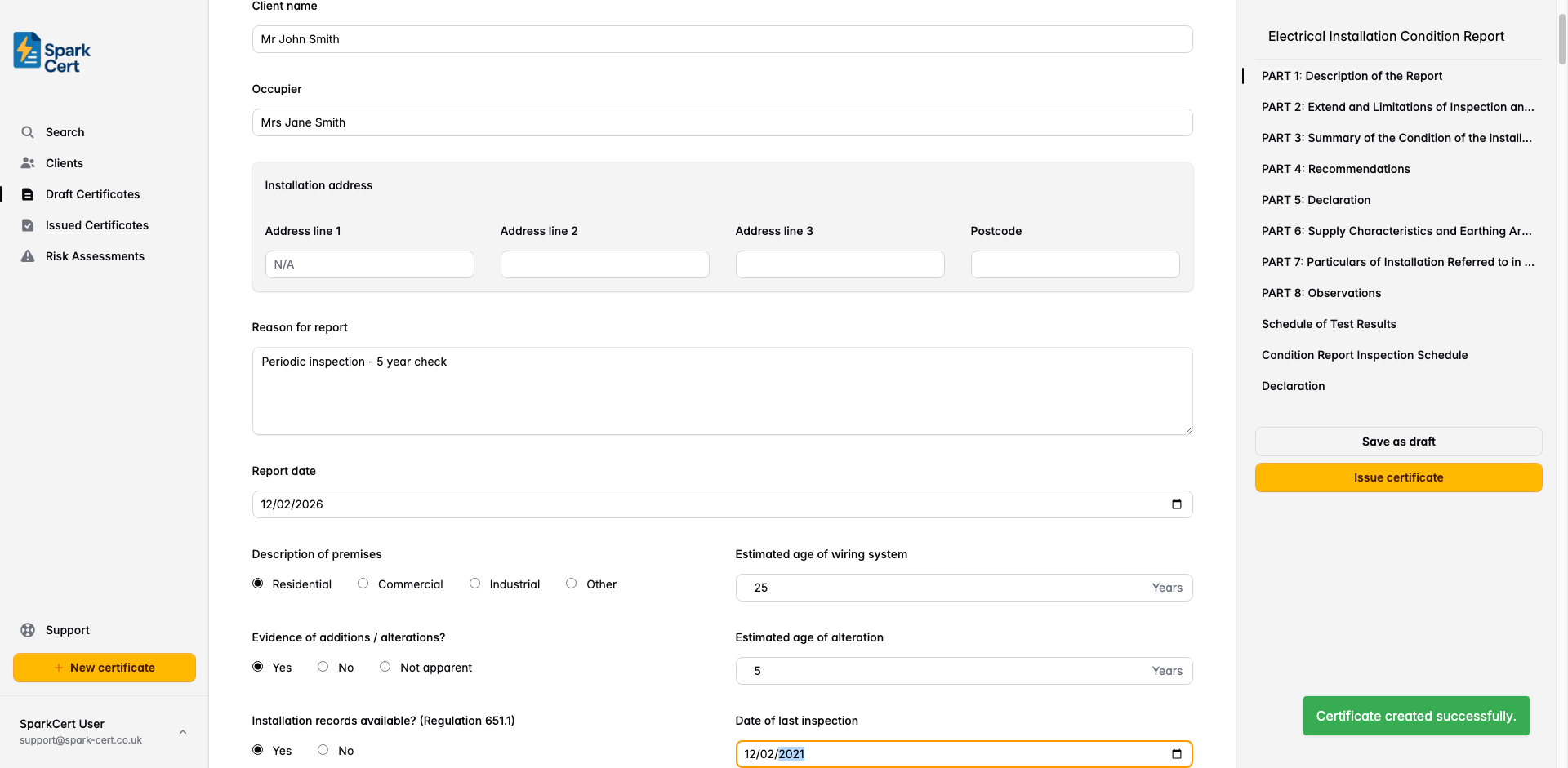 Part 1 of the EICR covering client, occupier, address, and premises details