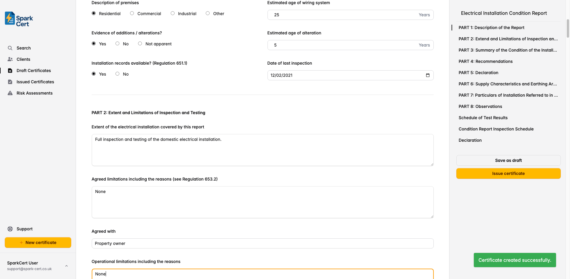 Part 2 of the EICR covering extent, agreed limitations, and operational limitations