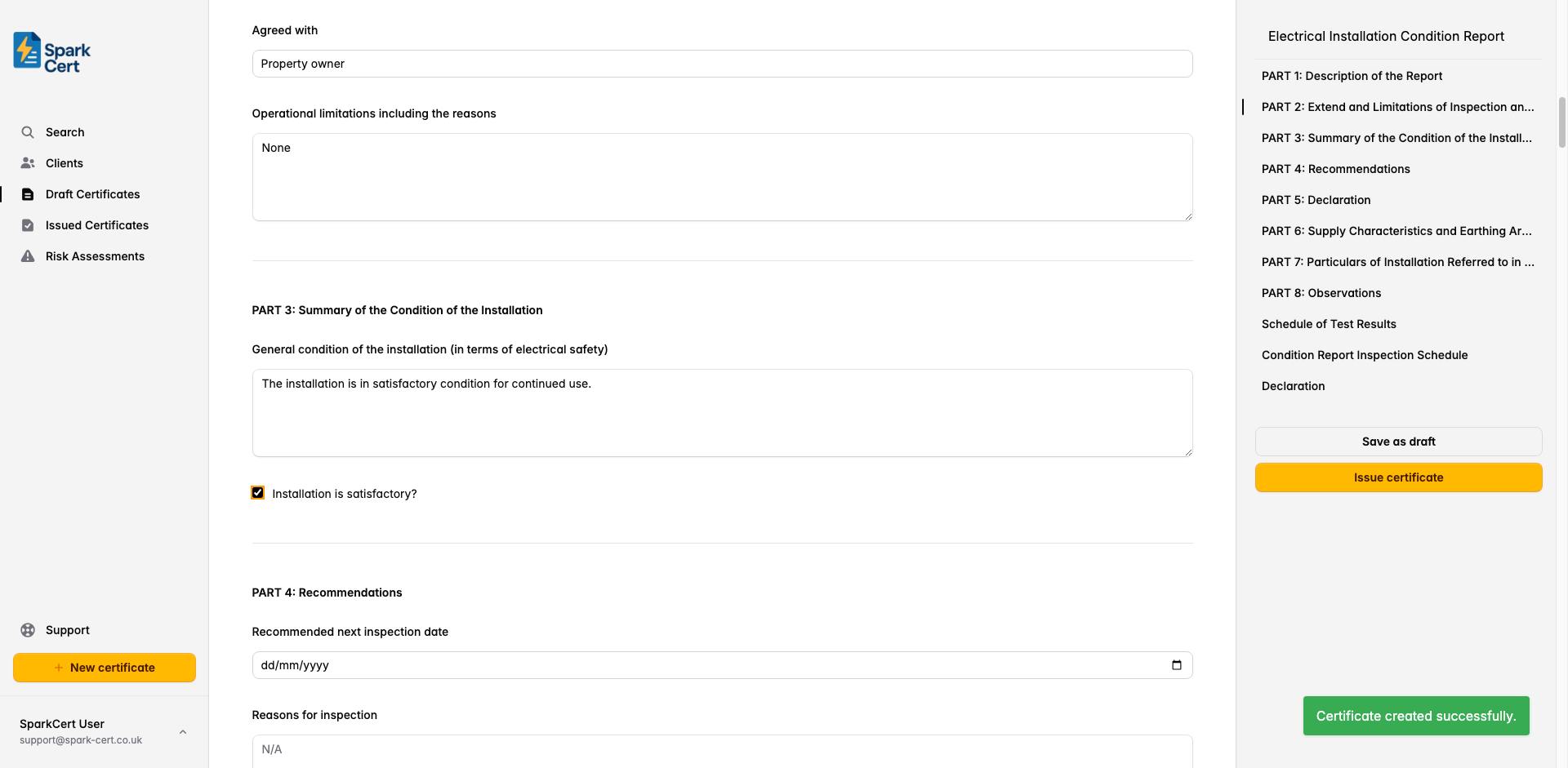Part 3 of the EICR showing the general condition summary and satisfactory checkbox