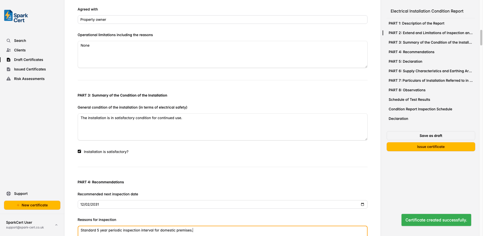 Part 4 of the EICR showing next inspection date and reasons