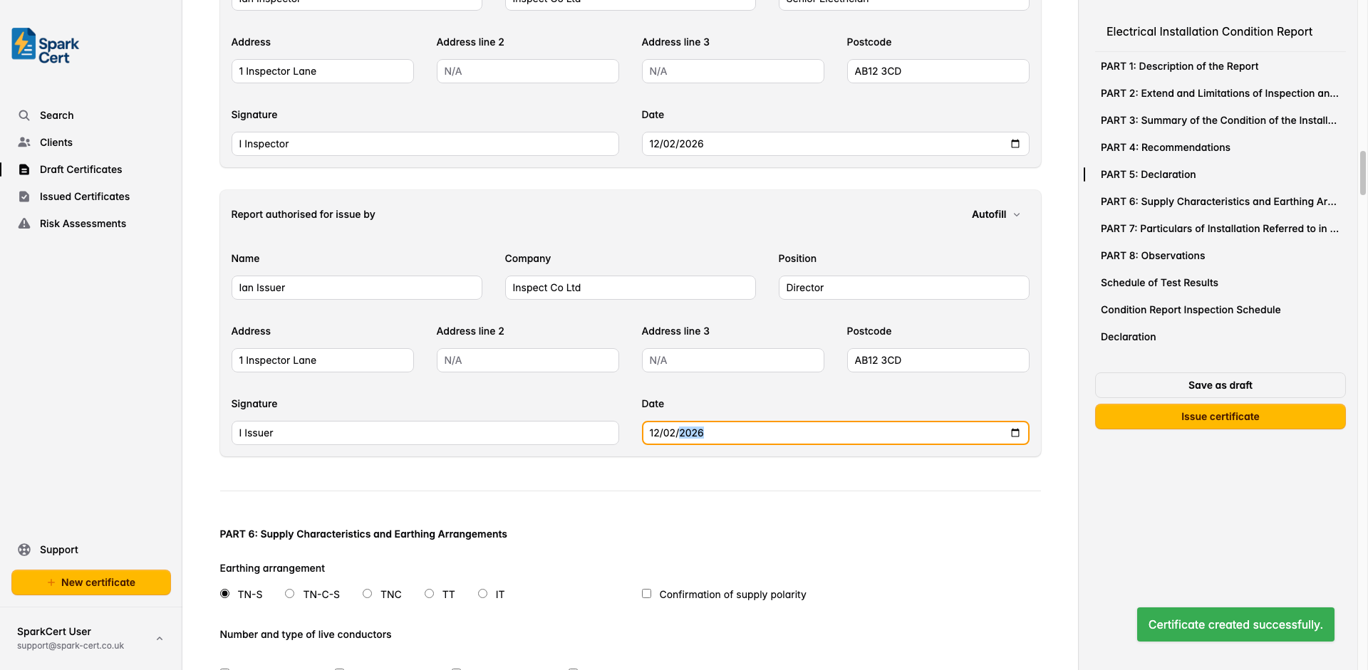 Part 5 of the EICR showing inspector and issuer sign-off blocks with full contractor details