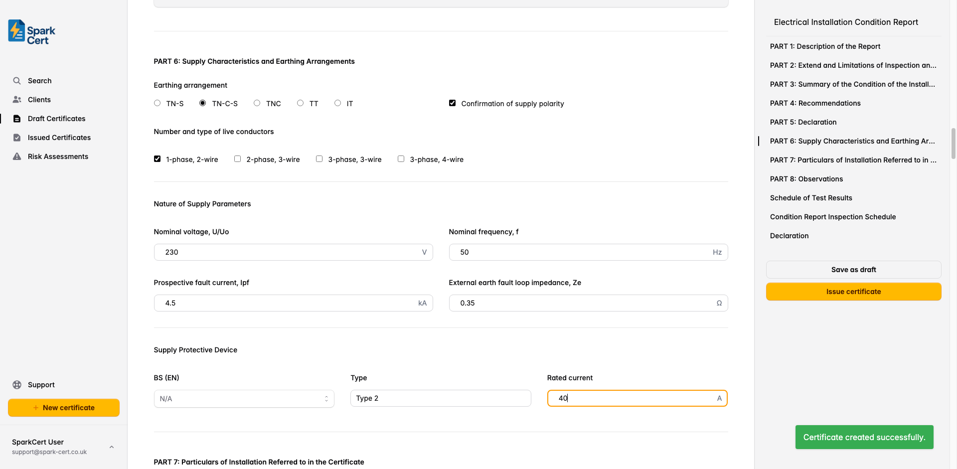 Part 6 of the EICR covering earthing arrangement, supply type, and protective device details