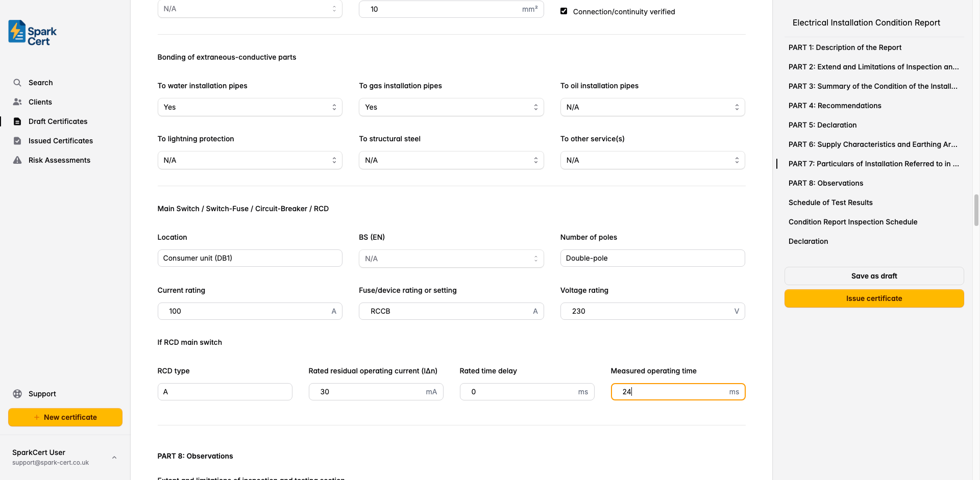 Part 7 of the EICR covering earthing method, conductors, bonding, and main switch details