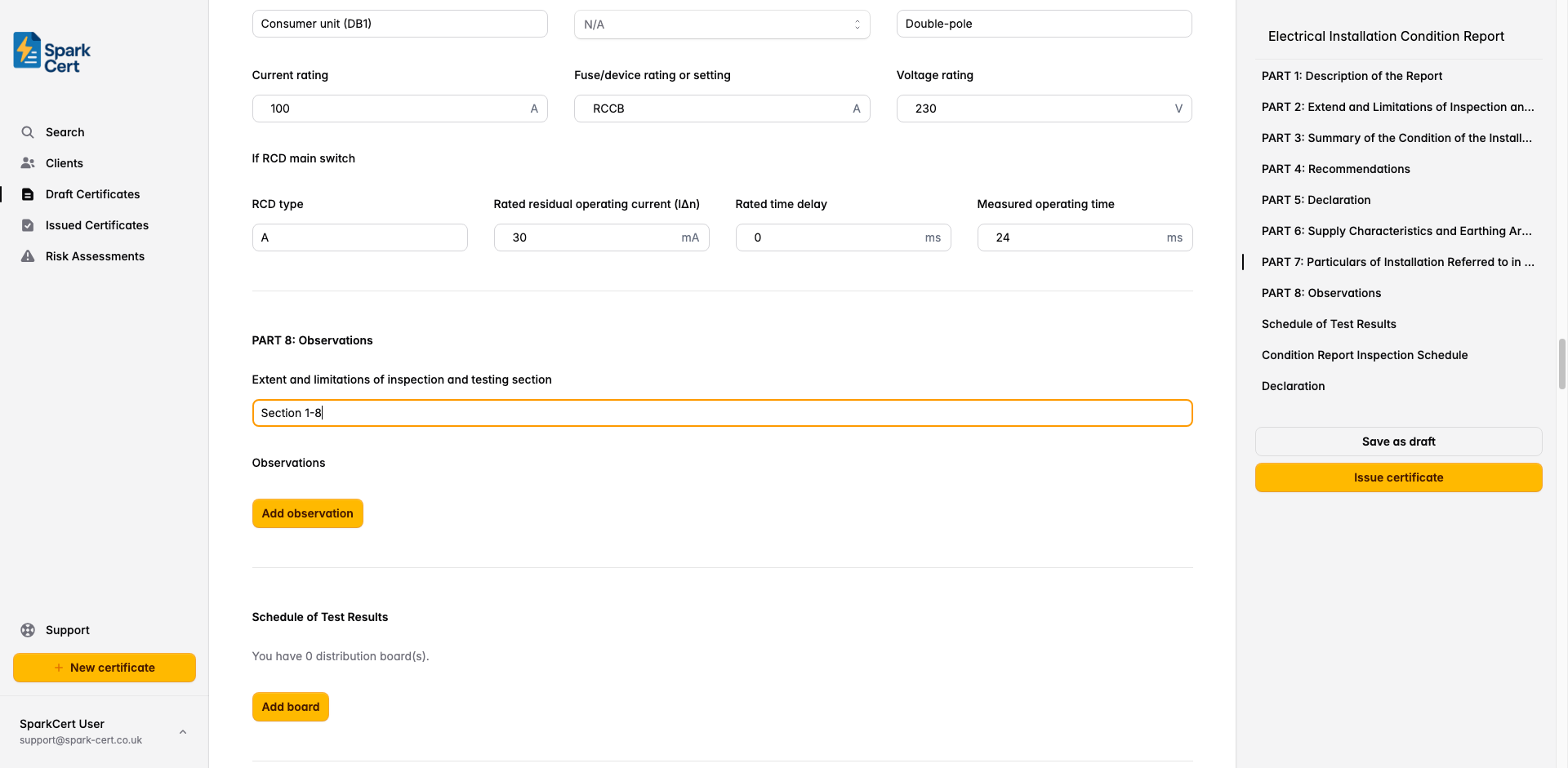 Part 8 of the EICR showing observations with classification codes