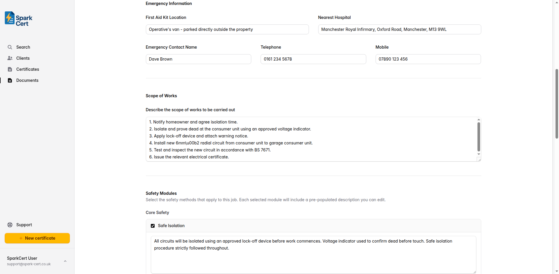 Emergency Information section showing first aid kit location, nearest hospital, and emergency contact fields