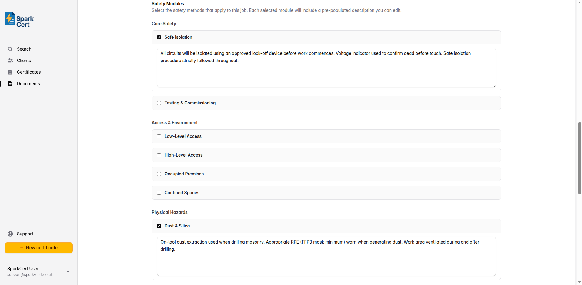 Safety Modules section showing a list of modules grouped by category with checkboxes and editable text areas