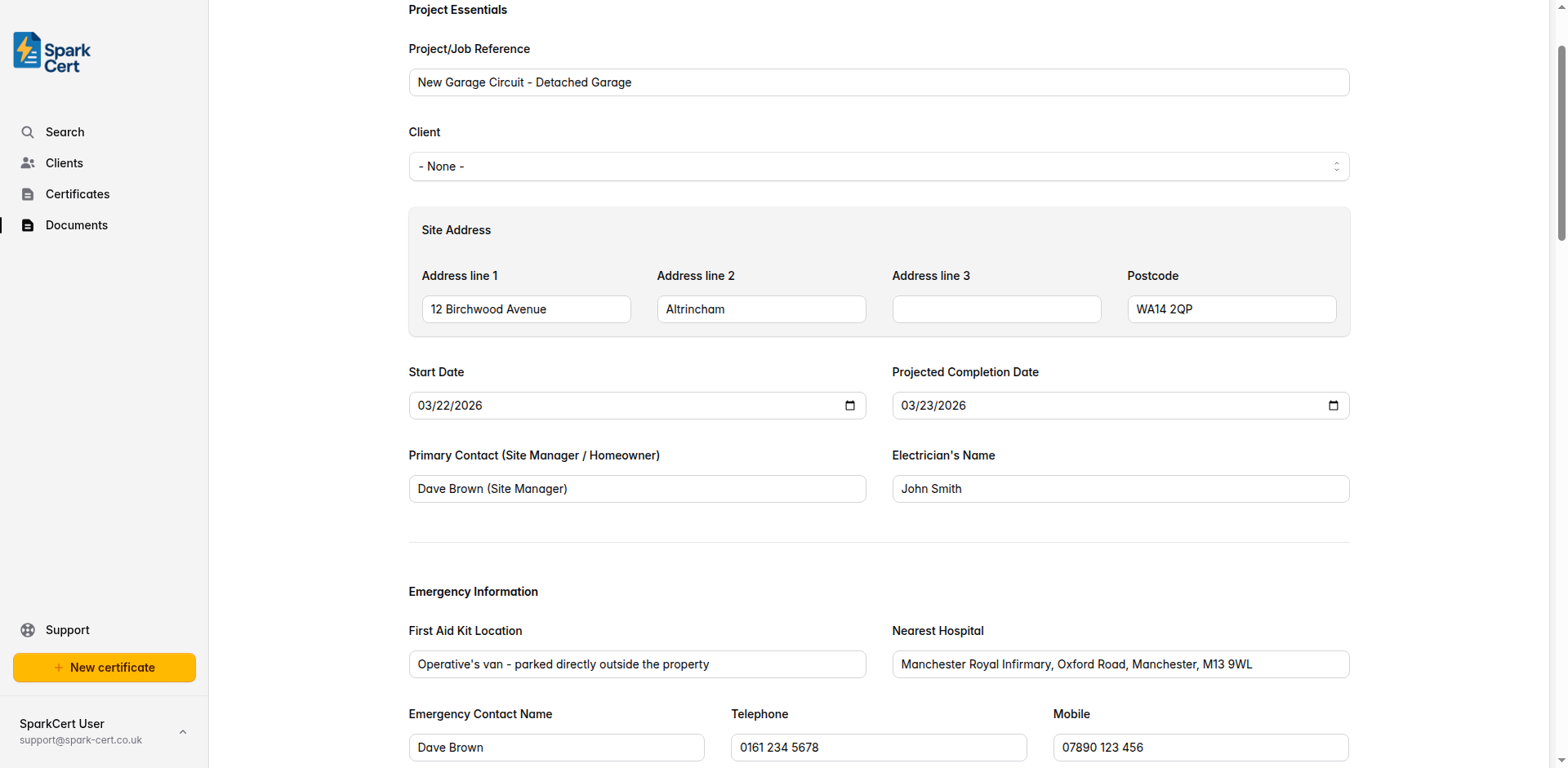 Project Essentials section showing project reference, client, site address, dates, primary contact, and electrician name fields