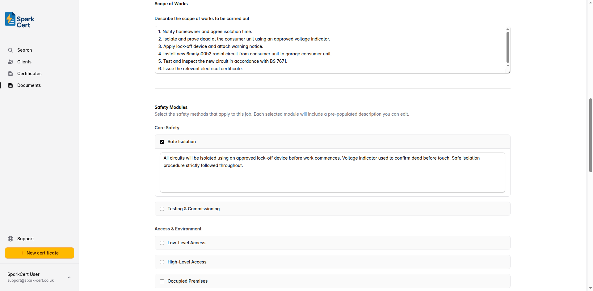 Scope of Works section showing a large text area with a numbered sequence of work activities