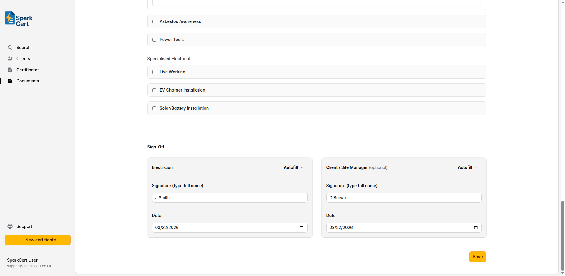 Sign-Off section showing electrician and client signature fields side by side