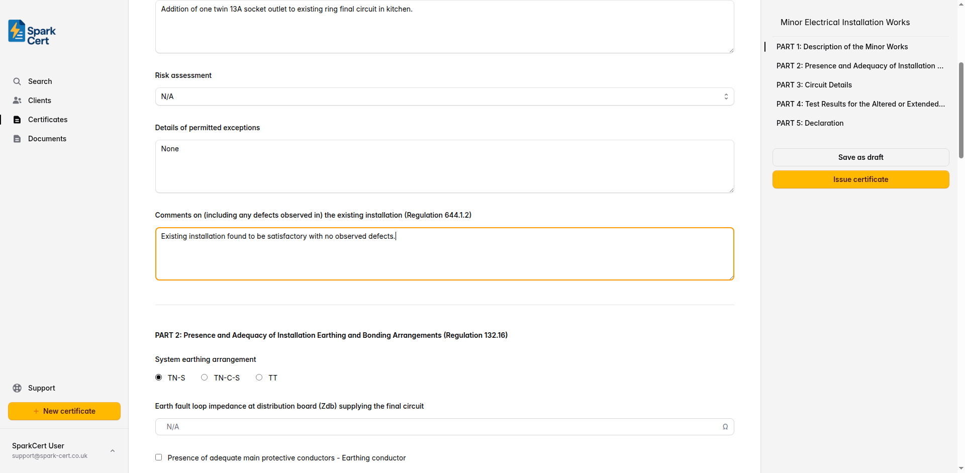 Part 1 of the Minor Works certificate covering description of works, client, and installation address