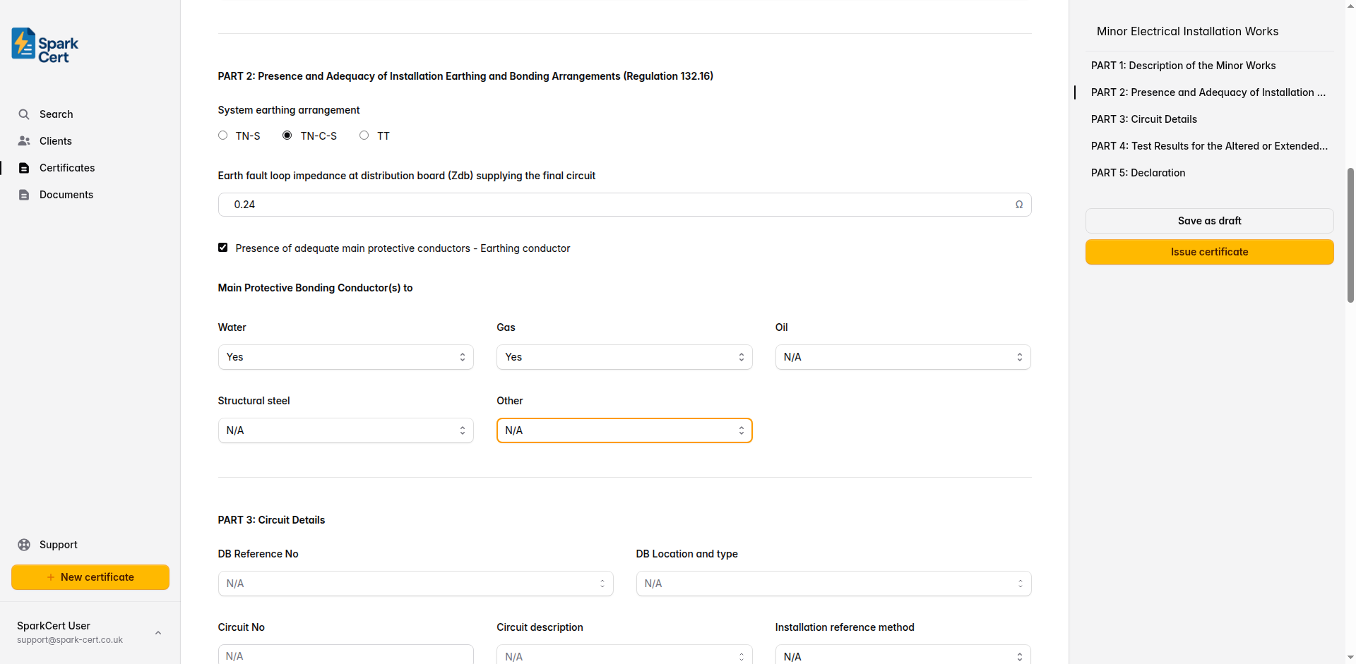Part 2 of the Minor Works certificate covering earthing system type and bonding arrangements