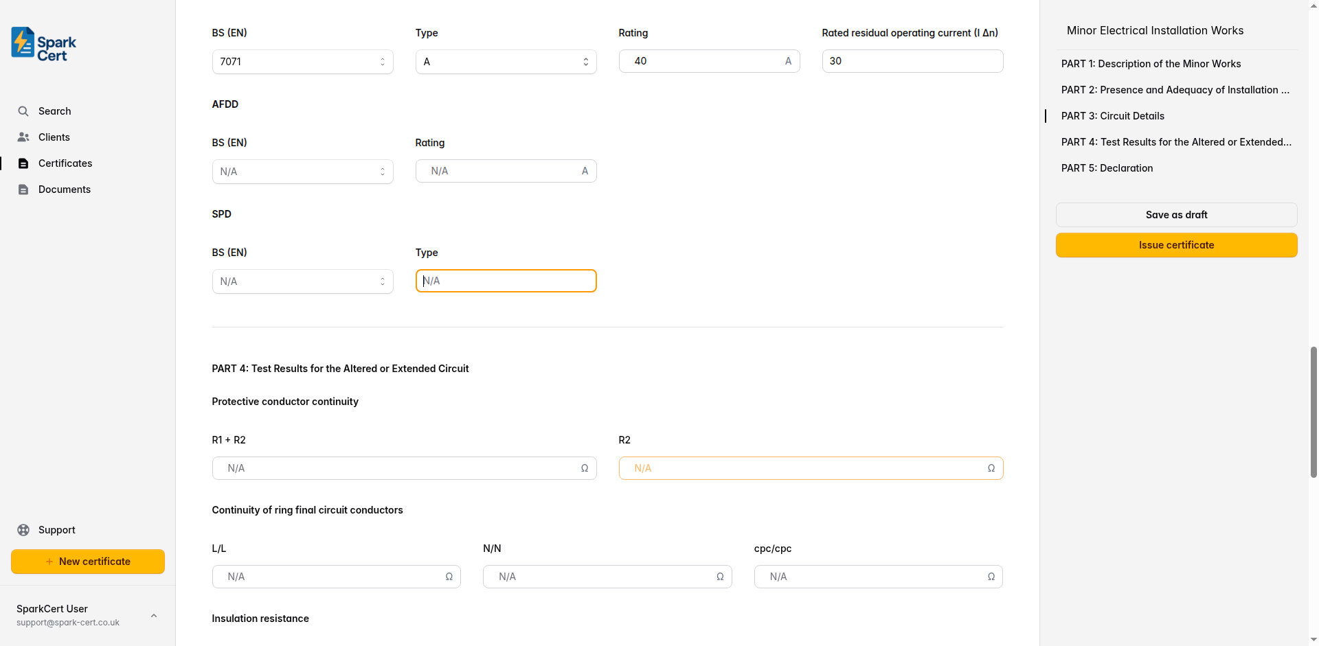 Part 3 of the Minor Works certificate covering circuit identification and protective devices