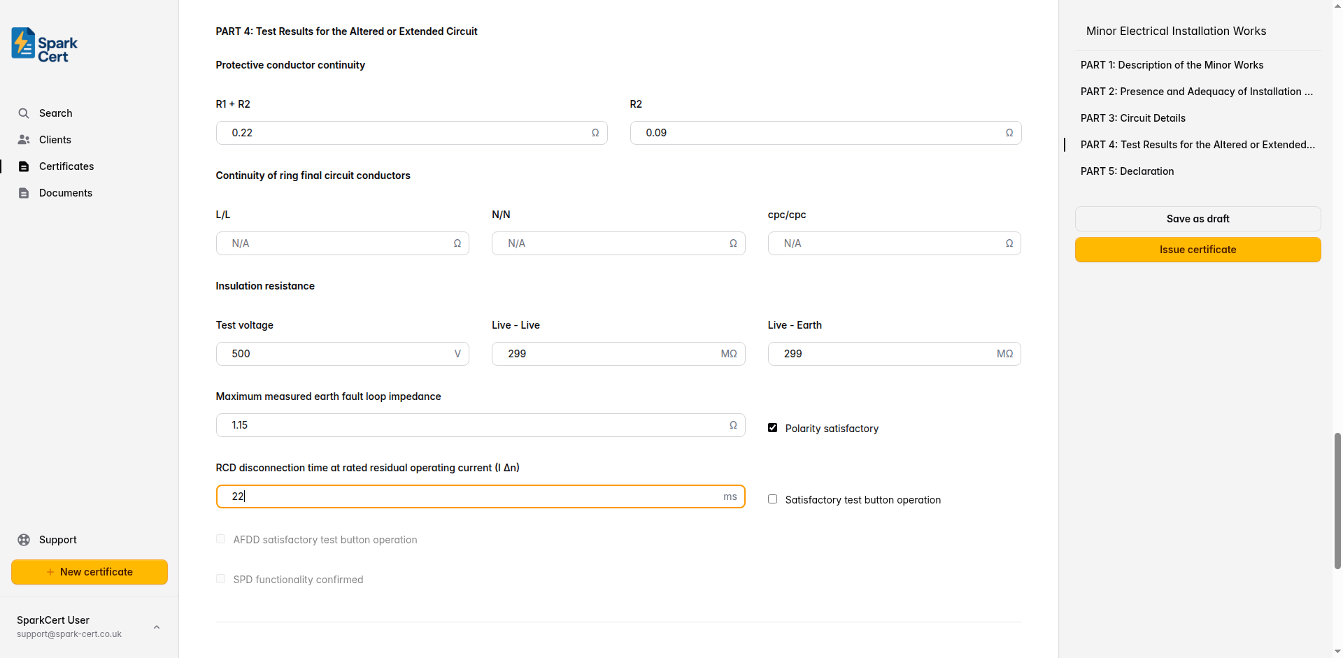 Part 4 of the Minor Works certificate covering continuity, insulation resistance, and RCD test results