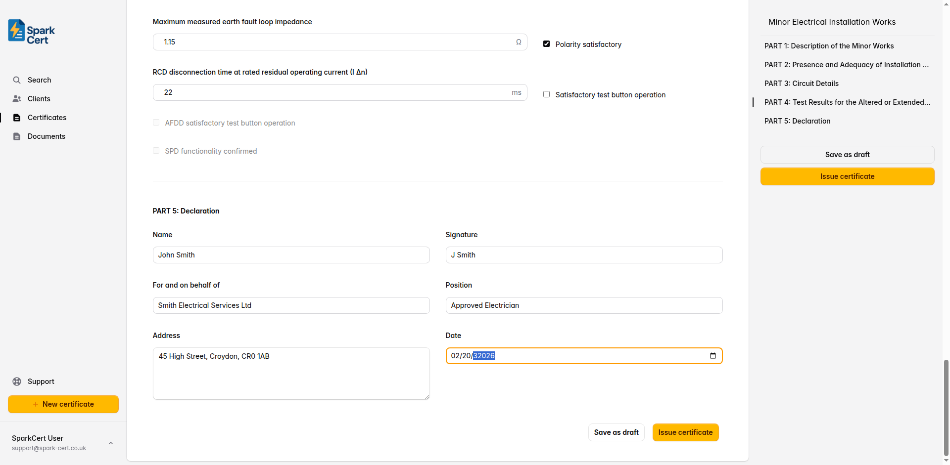 Part 5 of the Minor Works certificate covering the declaration and sign-off