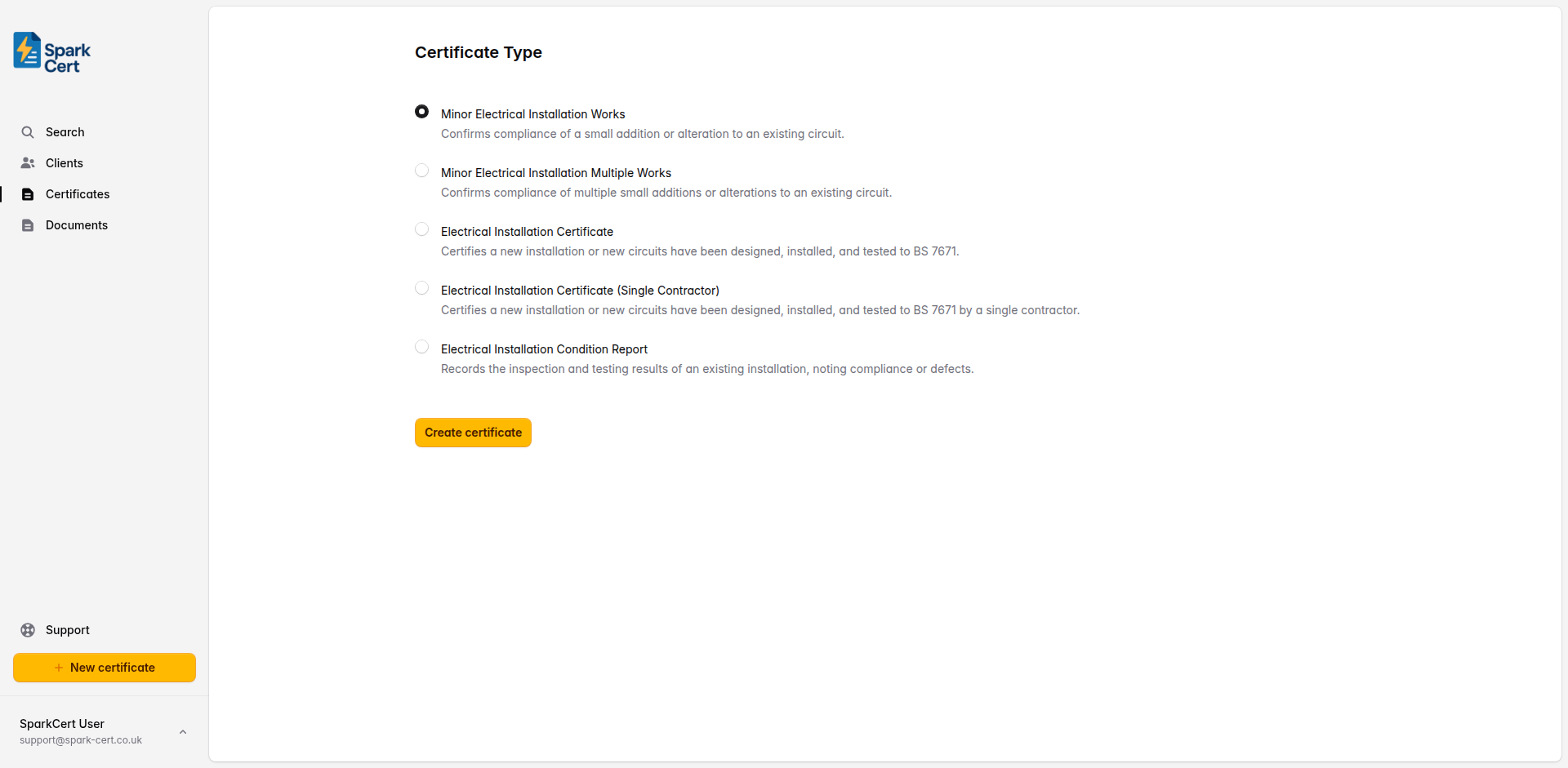 Certificate type selection with Minor Works highlighted
