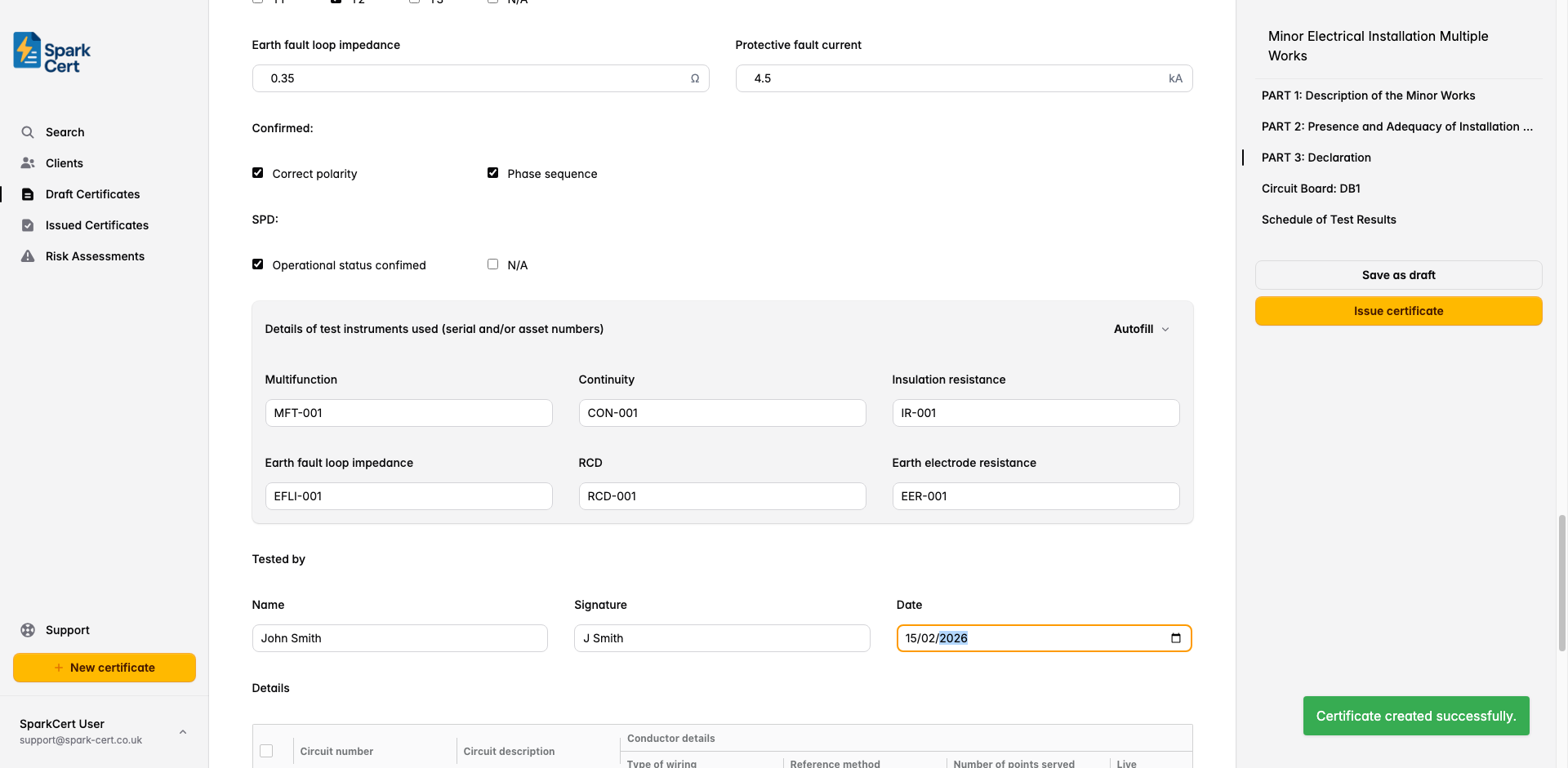 Distribution board form showing board details, OCPD, test instruments, and circuit table