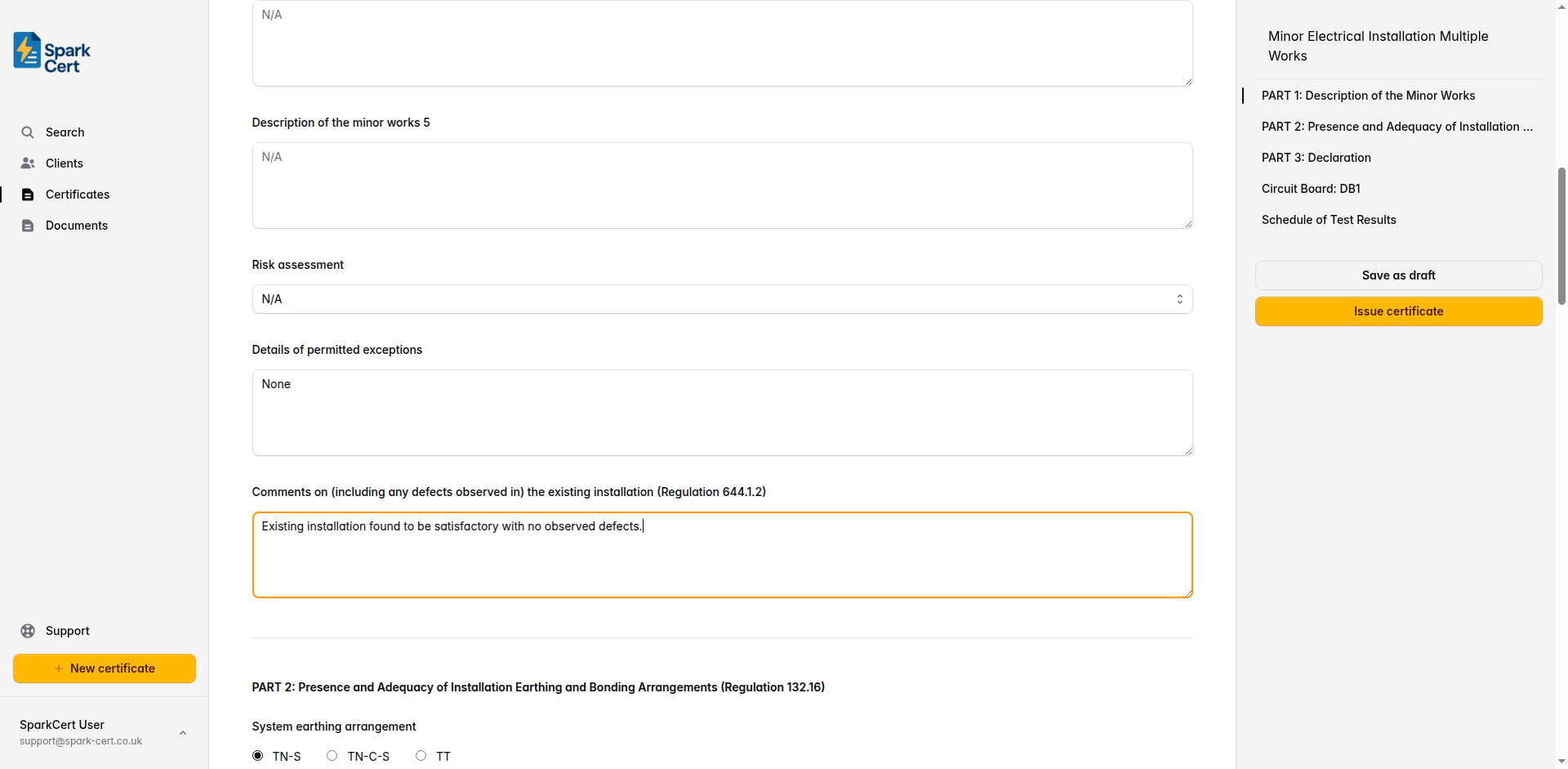 Part 1 of the Multiple Minor Works certificate covering descriptions of works, client, and installation address