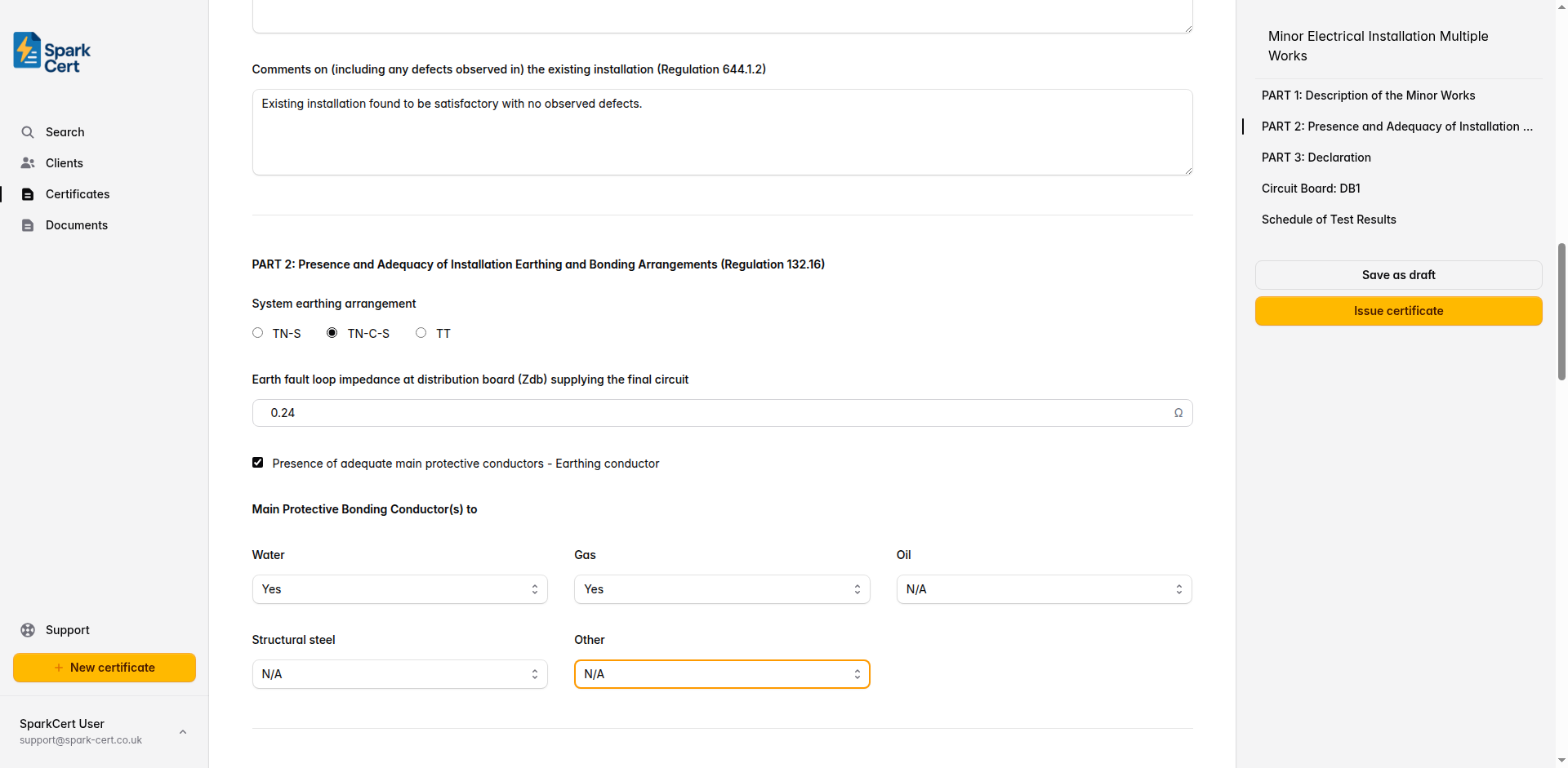 Part 2 of the Multiple Minor Works certificate covering earthing system type and bonding arrangements