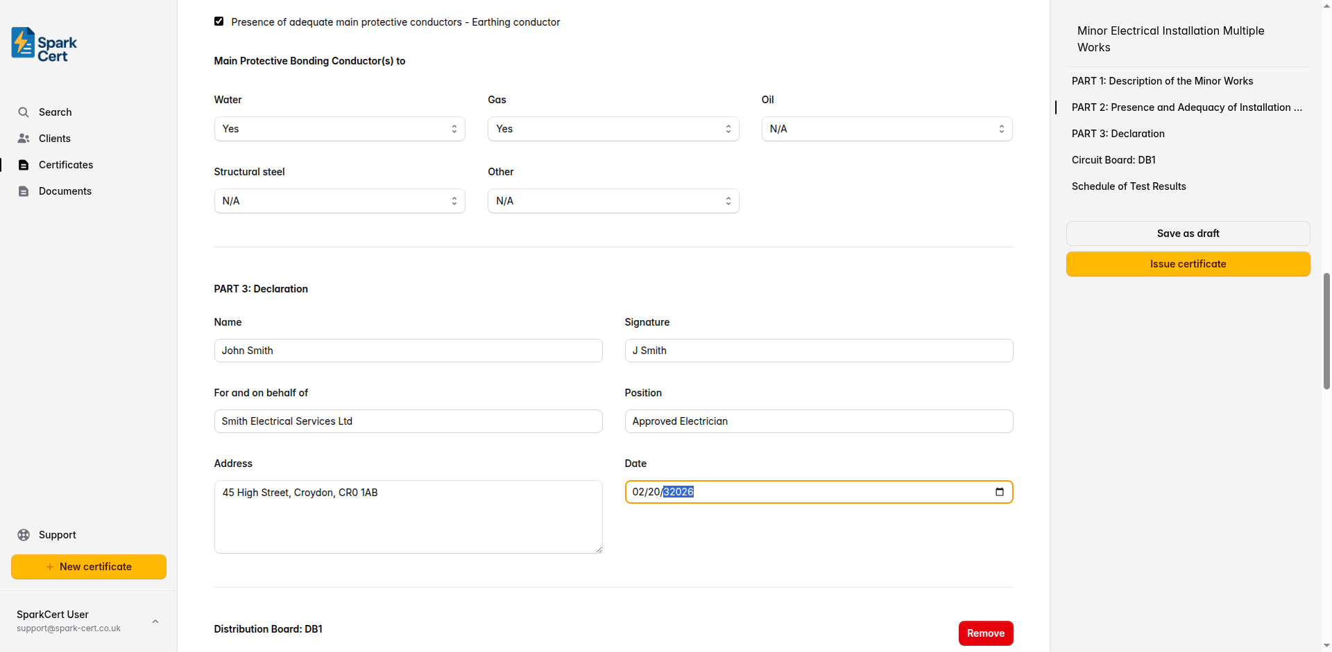 Declaration section of the Multiple Minor Works certificate covering the sign-off