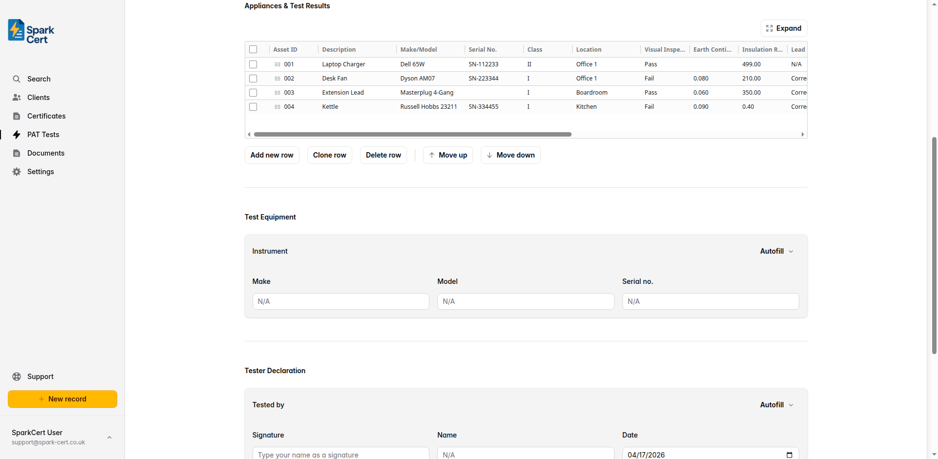 Appliances table showing columns for asset ID, description, make/model, test results and outcome