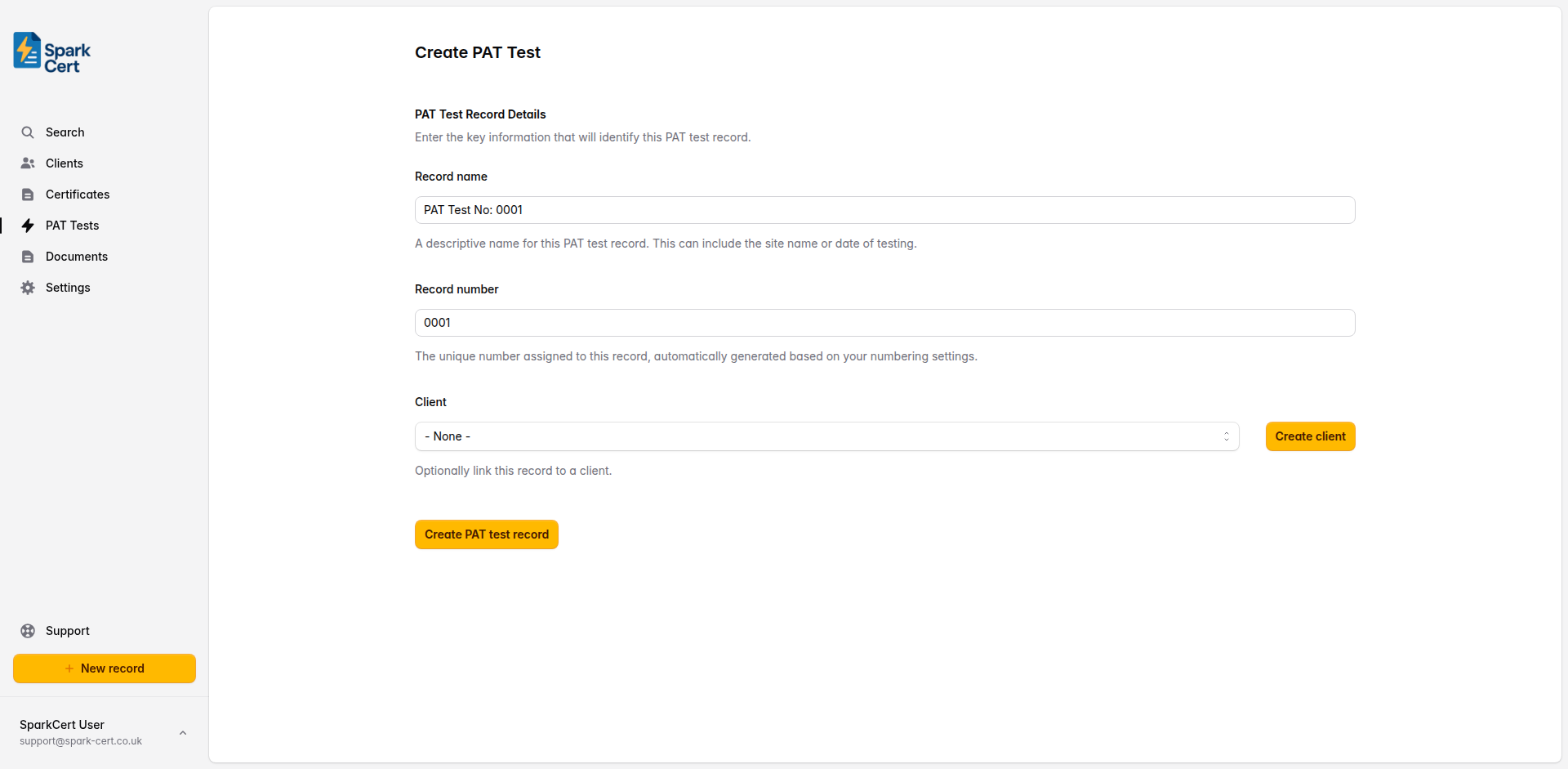 Create PAT test record form showing name, number and client fields
