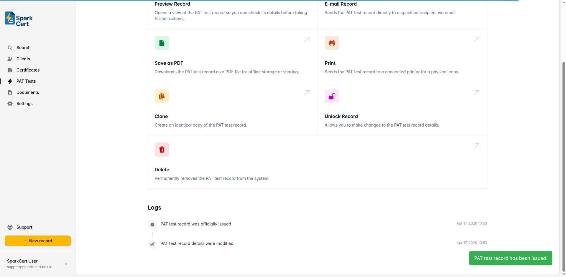 Issued PAT Test Record showing download, email, clone and unlock options