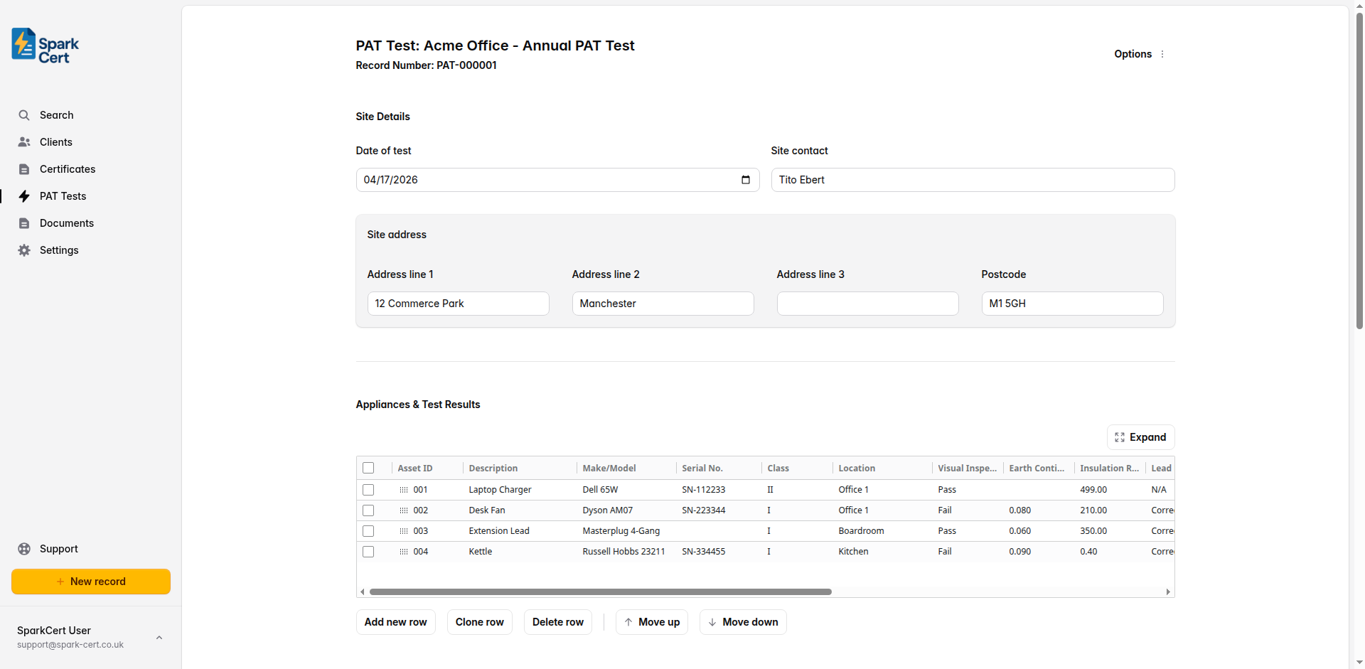 Site Details section showing date of test, site contact and address fields