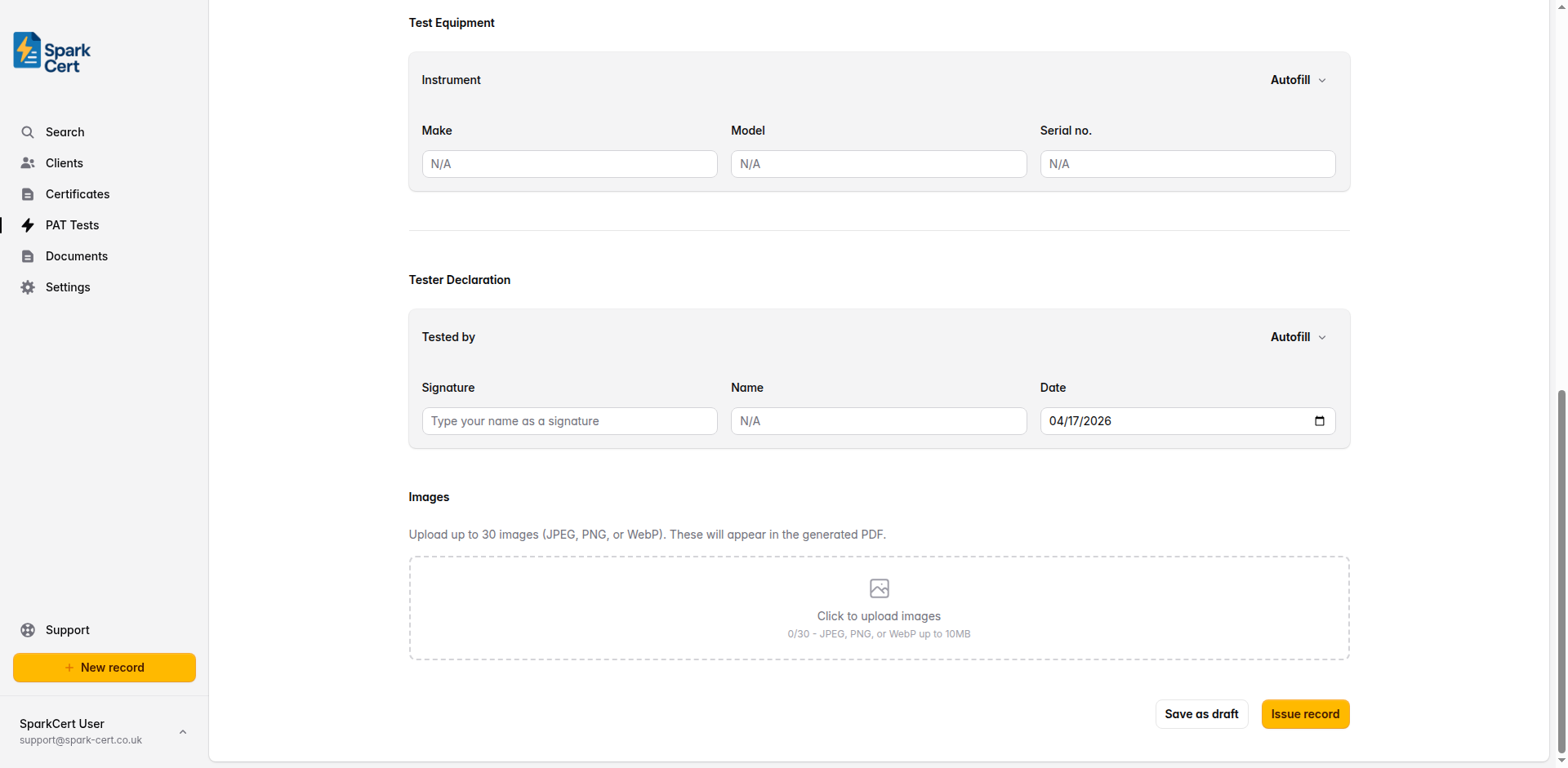 Tester Declaration section showing signature, name and date fields
